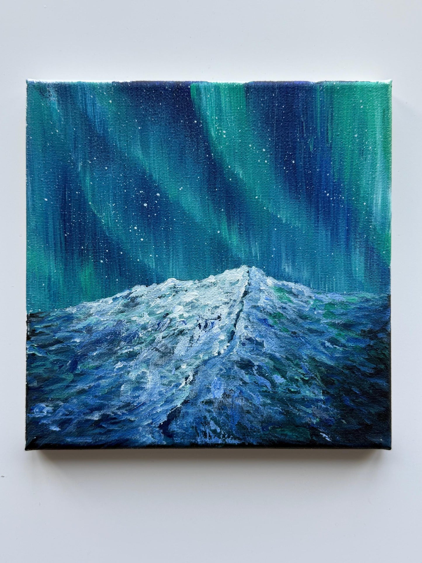 Original Aurora Borealis Painting 8x8, Northern Lights Mountain Art, Small Acrylic Landscape on Canvas