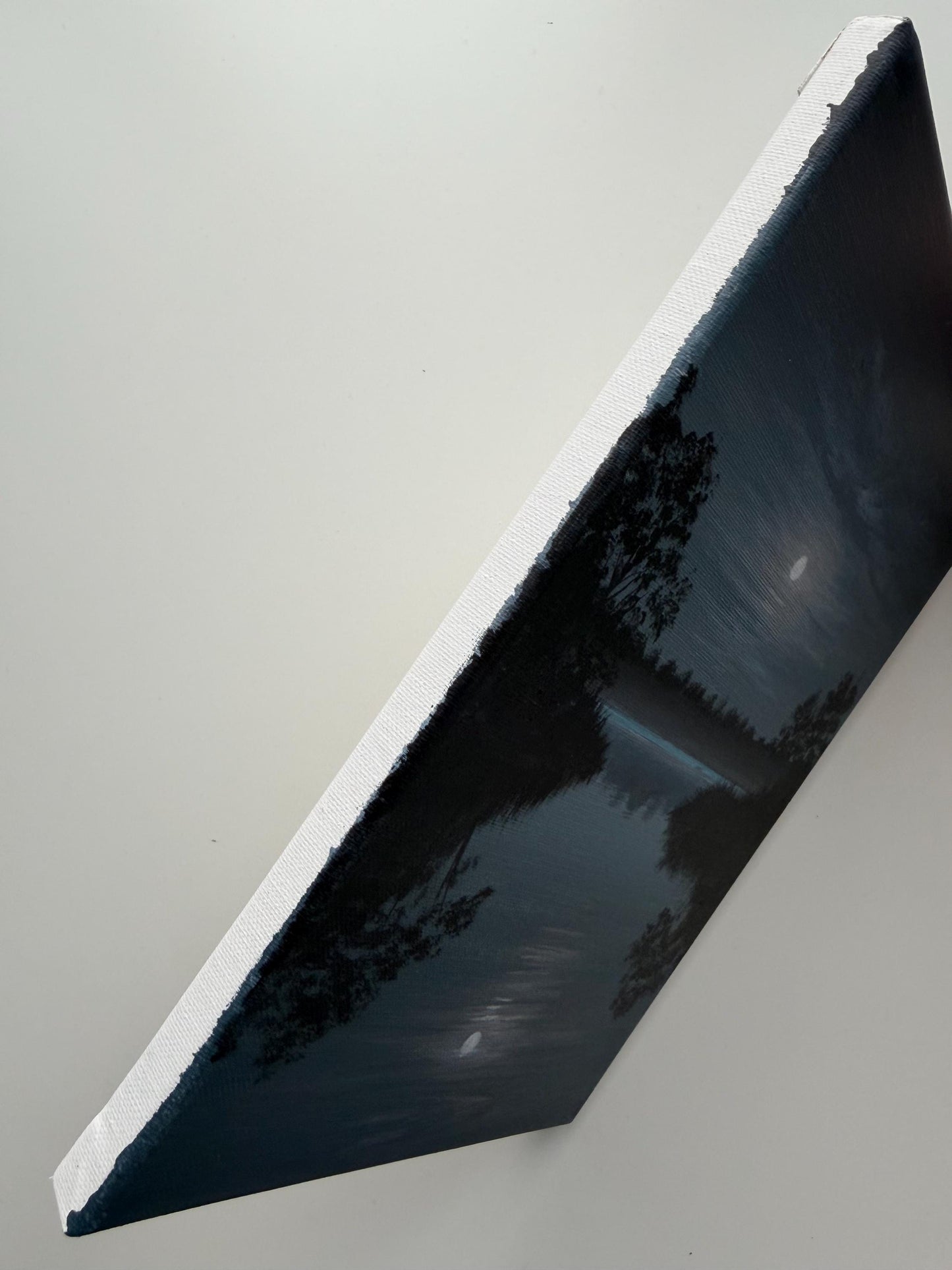 Original Moonlit Lake Painting 9x12, Moody Night Landscape, Moon Reflection Acrylic Painting on Canvas