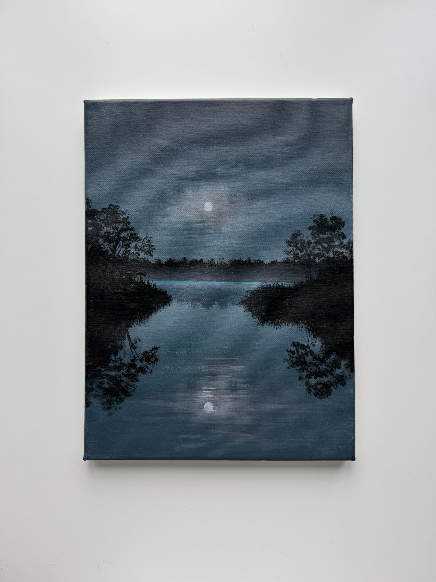 Original Moonlit Lake Painting 9x12, Moody Night Landscape, Moon Reflection Acrylic Painting on Canvas
