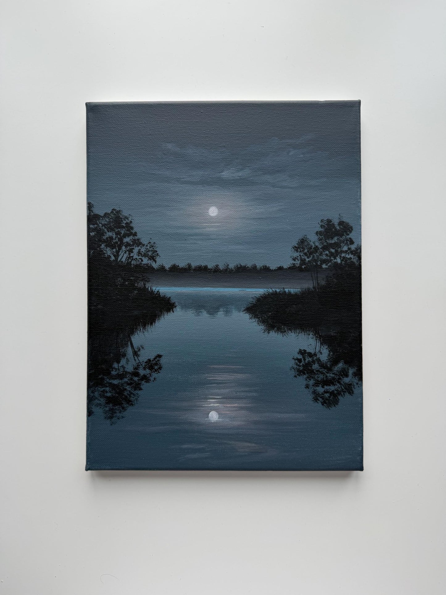 Original Moonlit Lake Painting 9x12, Moody Night Landscape, Moon Reflection Acrylic Painting on Canvas