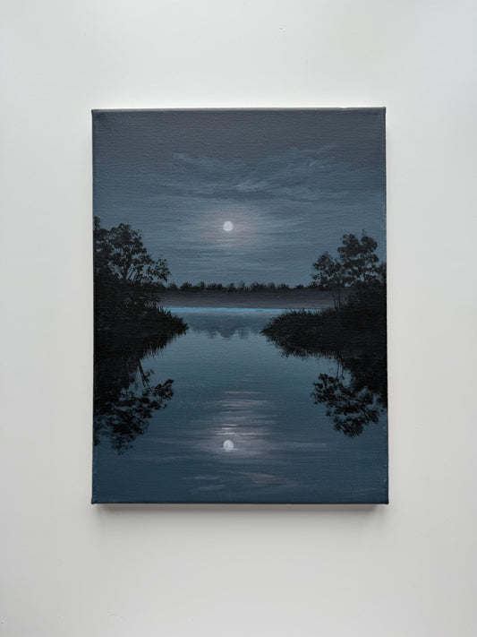Original Moonlit Lake Painting 9x12, Moody Night Landscape, Moon Reflection Acrylic Painting on Canvas