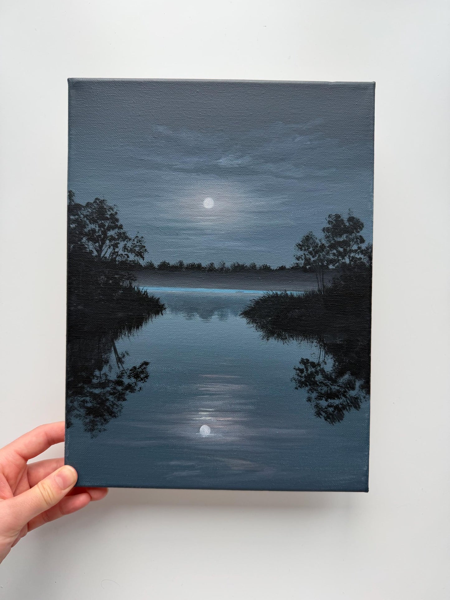 Original Moonlit Lake Painting 9x12, Moody Night Landscape, Moon Reflection Acrylic Painting on Canvas