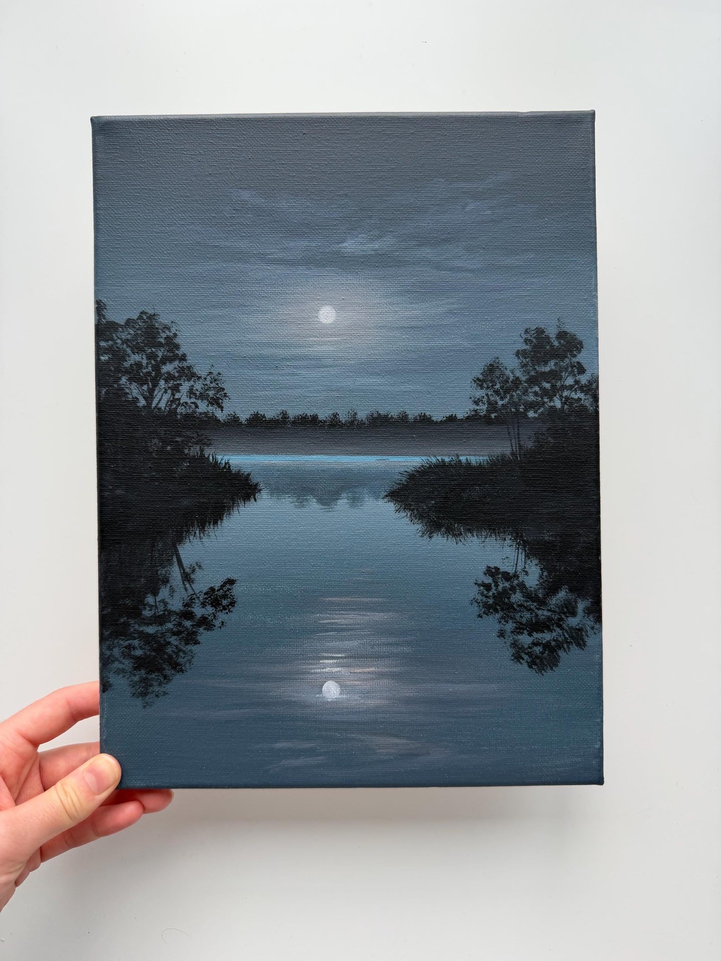 Original Moonlit Lake Painting 9x12, Moody Night Landscape, Moon Reflection Acrylic Painting on Canvas