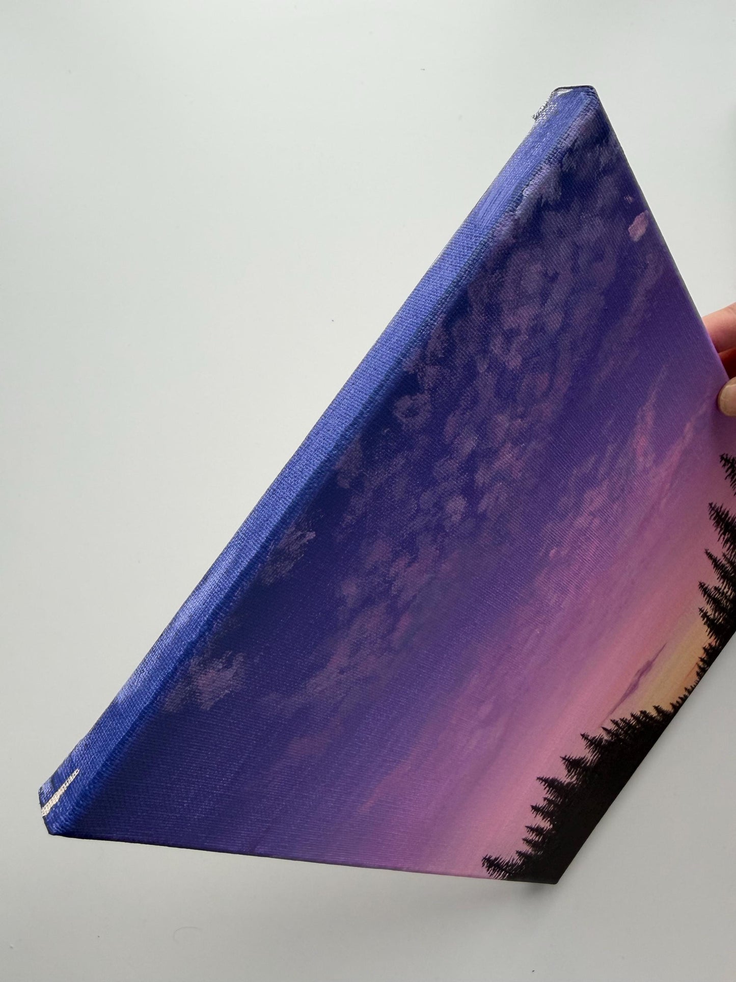 Original Purple Sunset Forest Painting 9x12, Pine Silhouette Landscape on Canvas