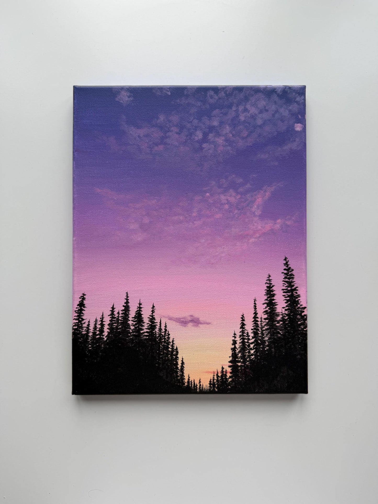 Original Purple Sunset Forest Painting 9x12, Pine Silhouette Landscape on Canvas