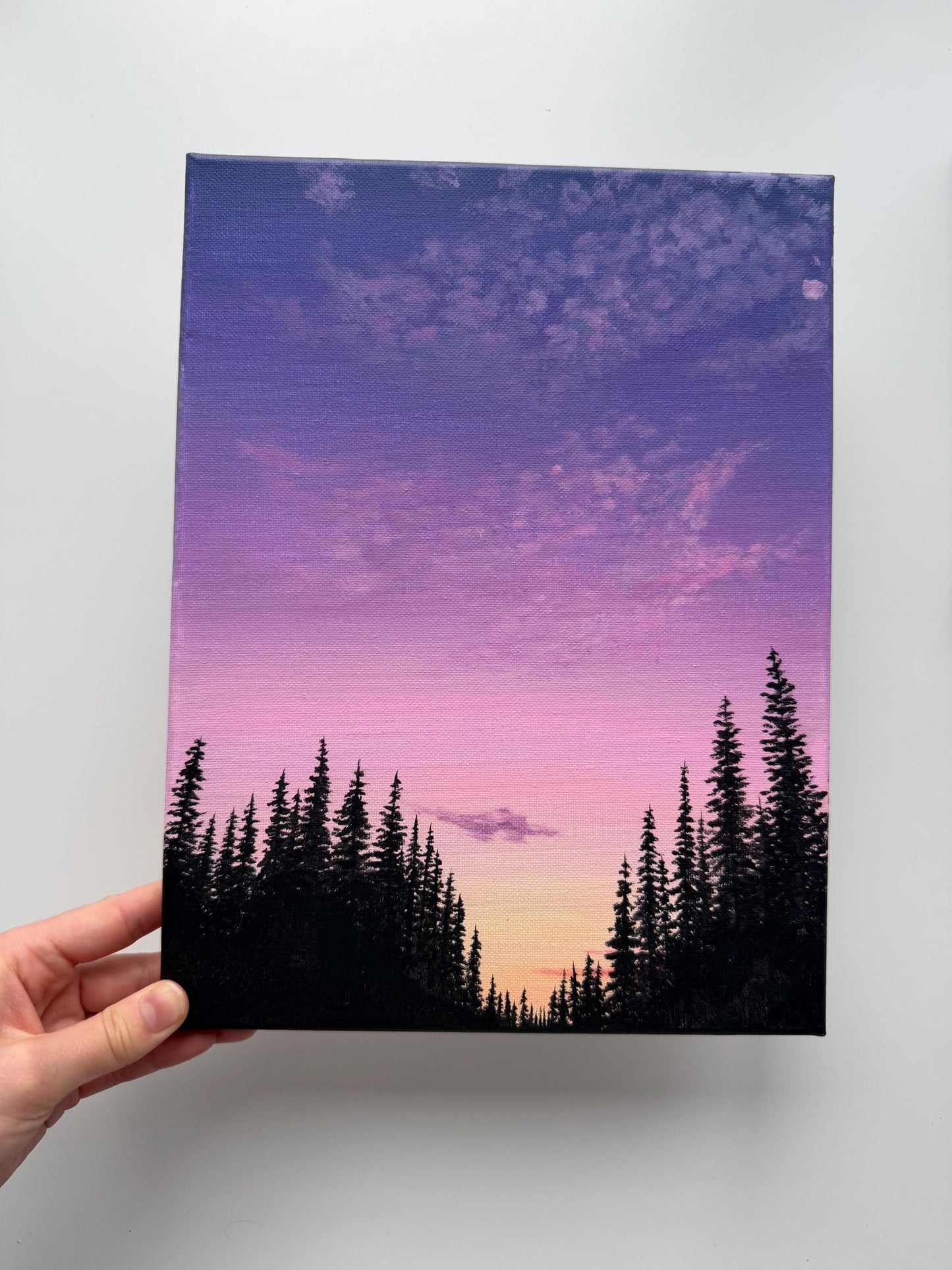 Original Purple Sunset Forest Painting 9x12, Pine Silhouette Landscape on Canvas