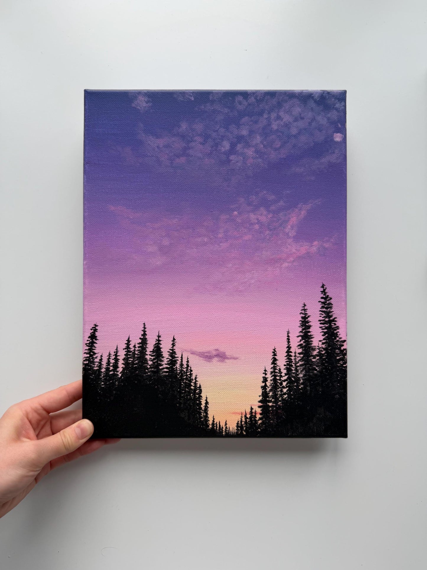 Original Purple Sunset Forest Painting 9x12, Pine Silhouette Landscape on Canvas