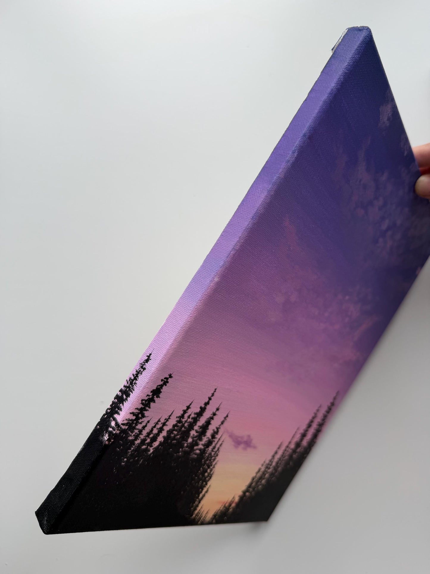 Original Purple Sunset Forest Painting 9x12, Pine Silhouette Landscape on Canvas