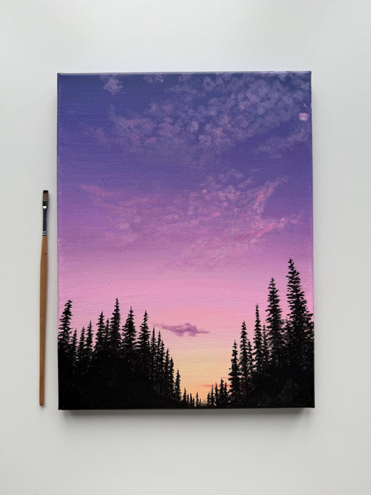Original Purple Sunset Forest Painting 9x12, Pine Silhouette Landscape on Canvas
