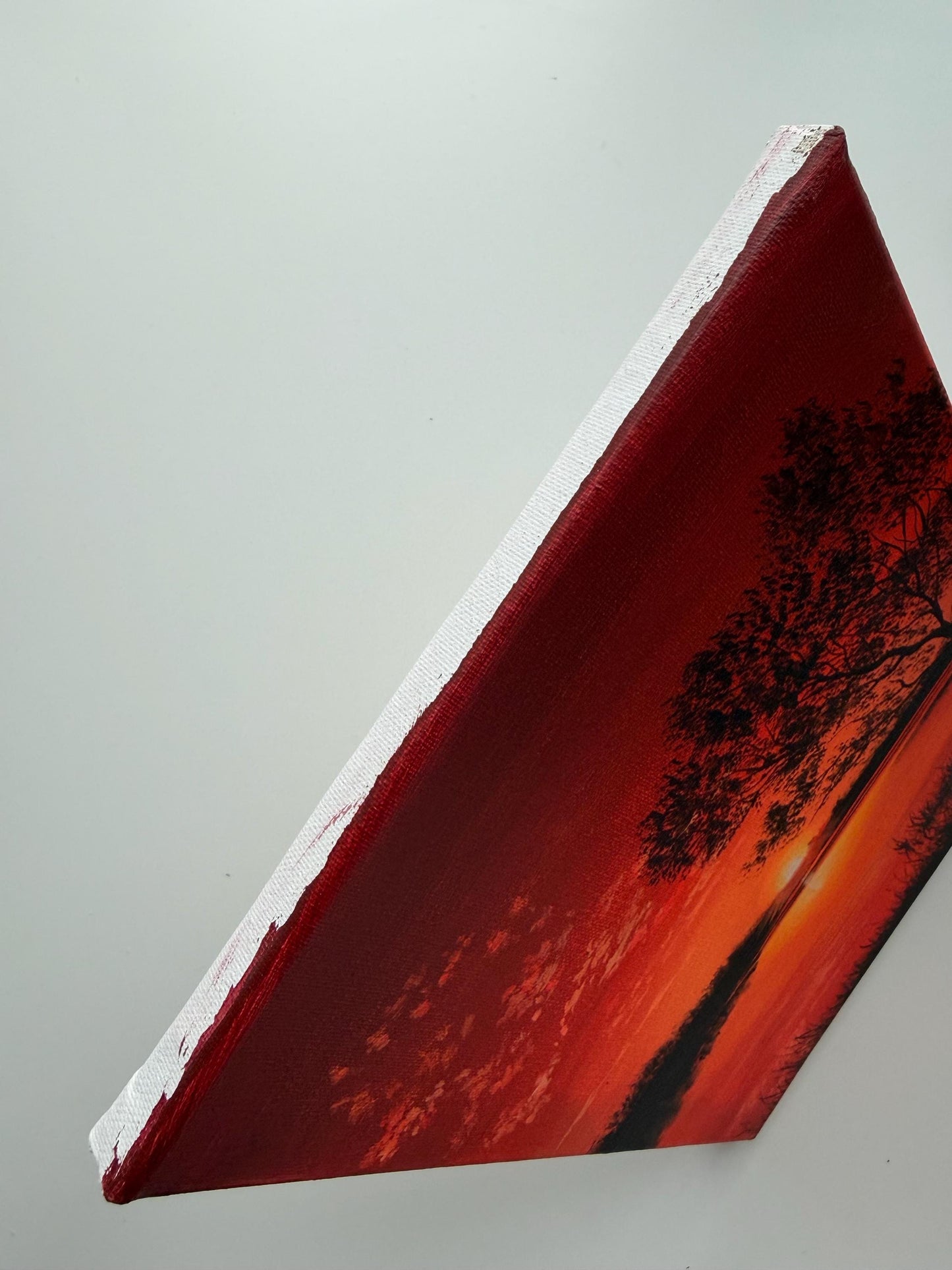 Original Red Sunset Lake Painting 9x12, Dramatic Acrylic Tree Silhouette Wall Art