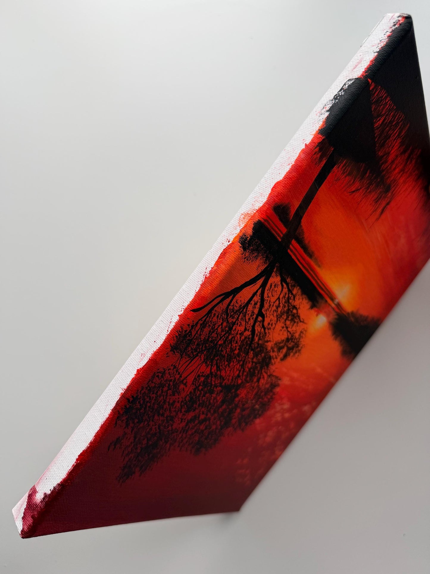 Original Red Sunset Lake Painting 9x12, Dramatic Acrylic Tree Silhouette Wall Art