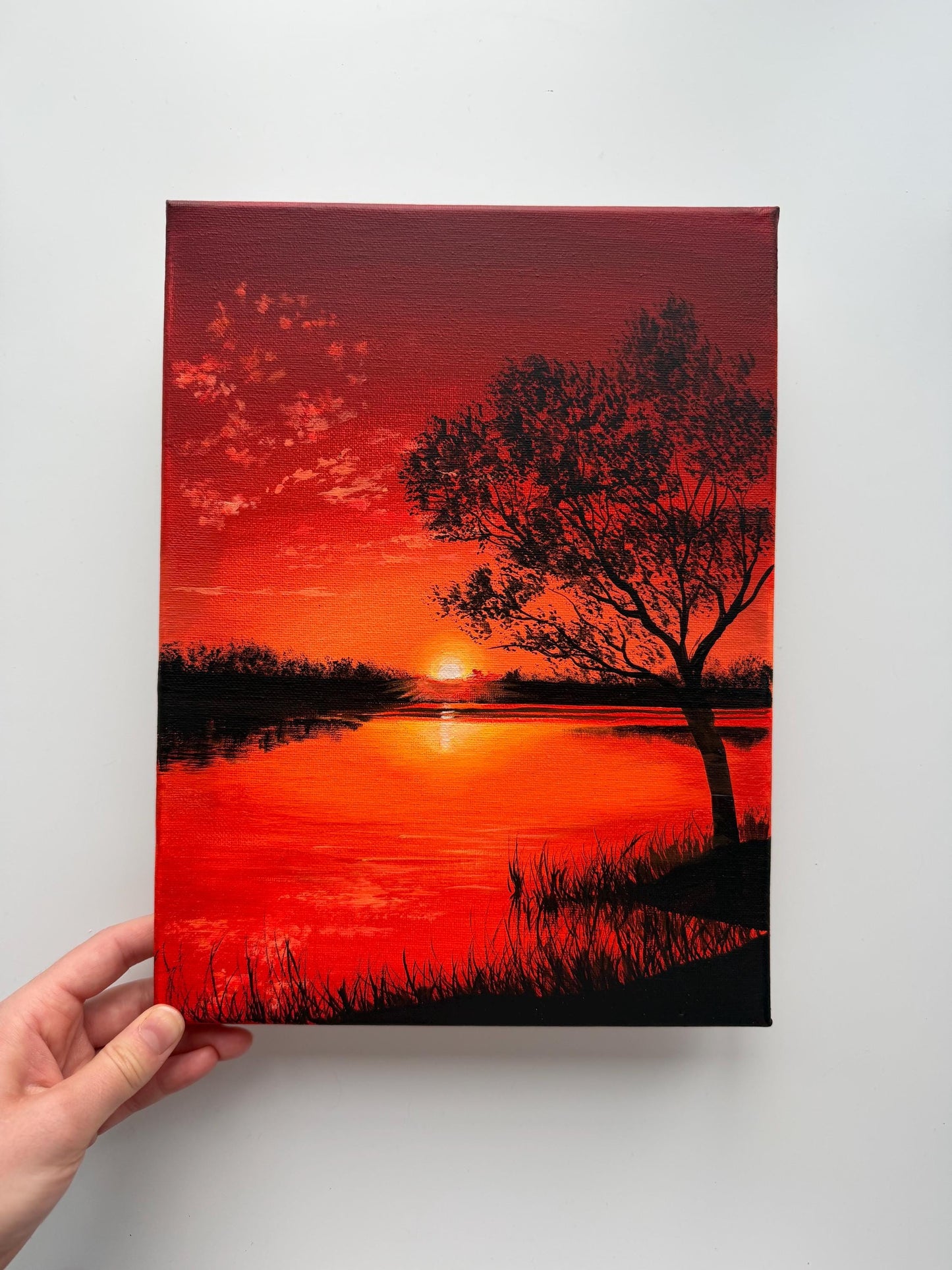 Original Red Sunset Lake Painting 9x12, Dramatic Acrylic Tree Silhouette Wall Art