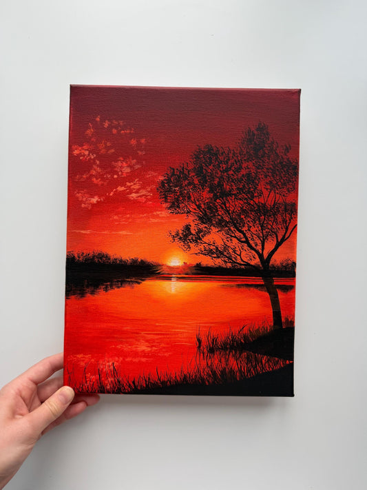 Original Red Sunset Lake Painting 9x12, Dramatic Acrylic Tree Silhouette Wall Art