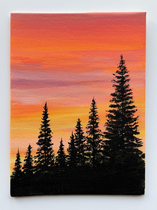 Original Sunset Pine Tree Painting 6x8, Acrylic Forest Landscape Wall Decor