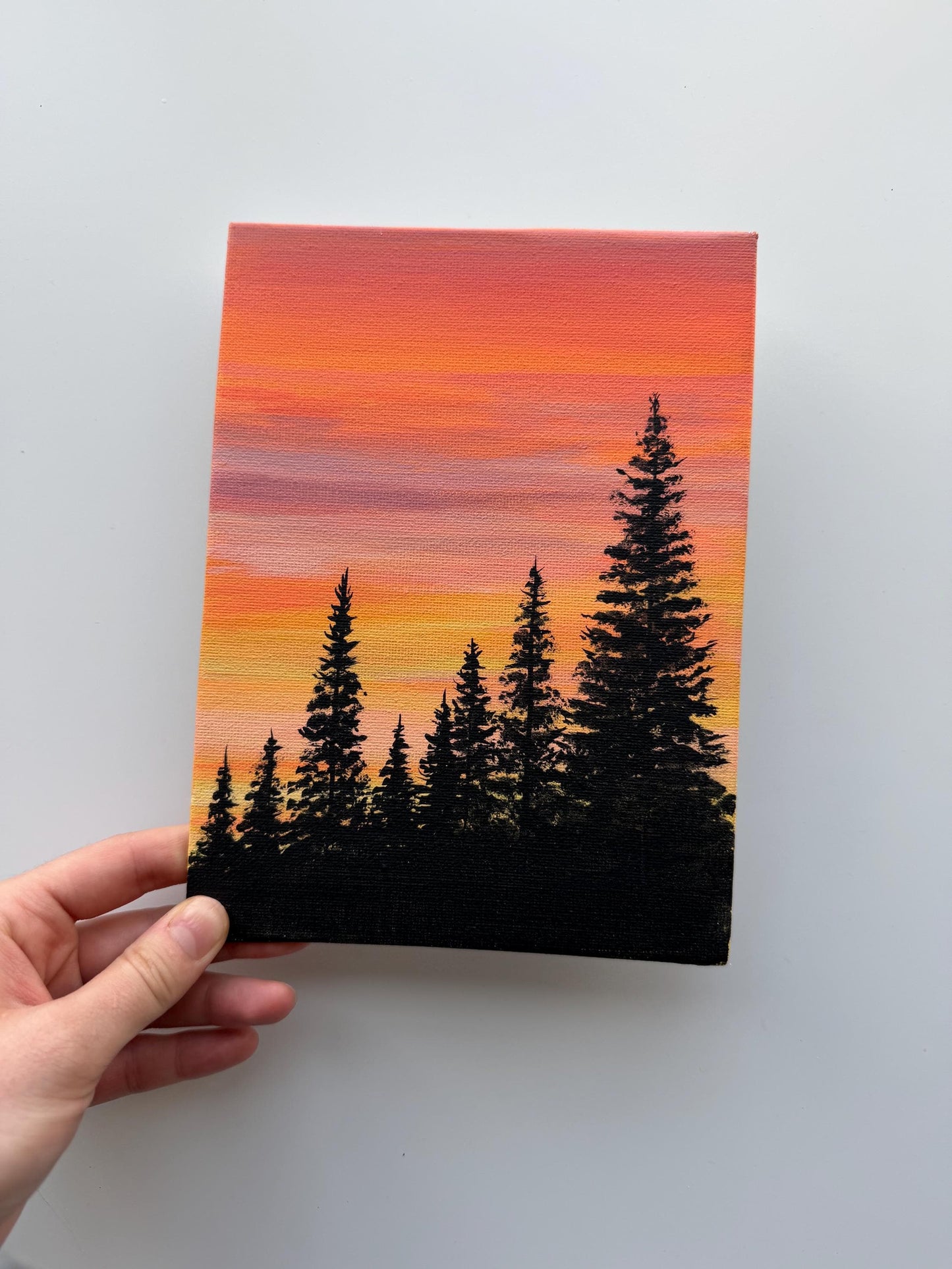 Original Sunset Pine Tree Painting 6x8, Acrylic Forest Landscape Wall Decor