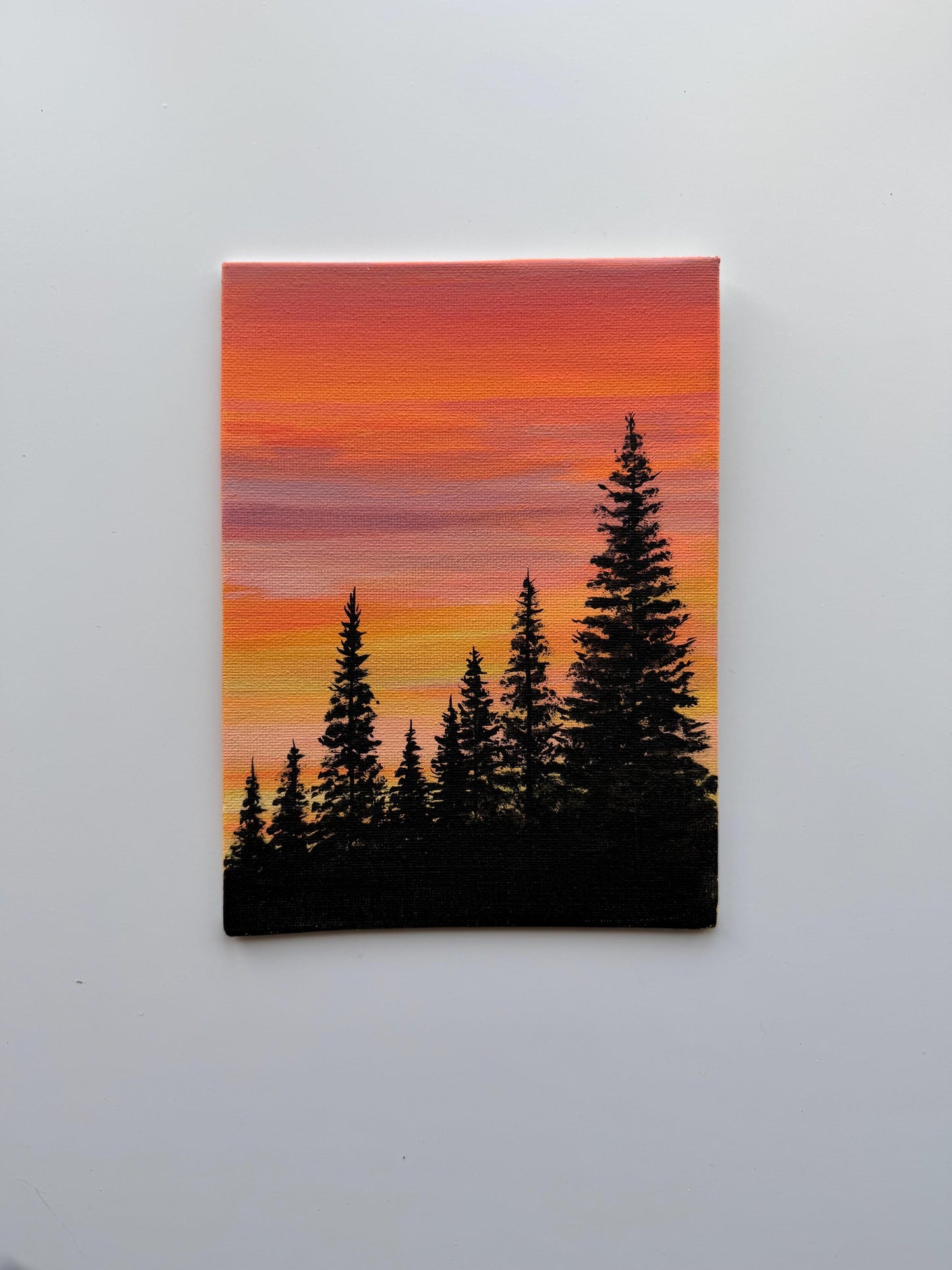Original Sunset Pine Tree Painting 6x8, Acrylic Forest Landscape Wall Decor