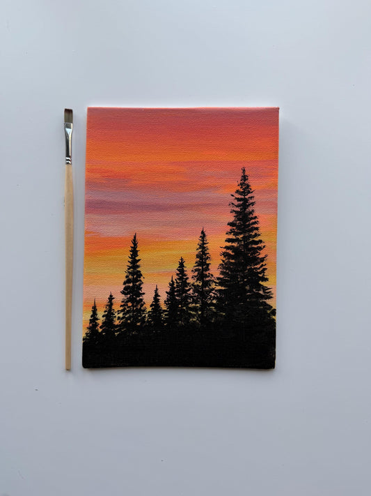 Original Sunset Pine Tree Painting 6x8, Acrylic Forest Landscape Wall Decor