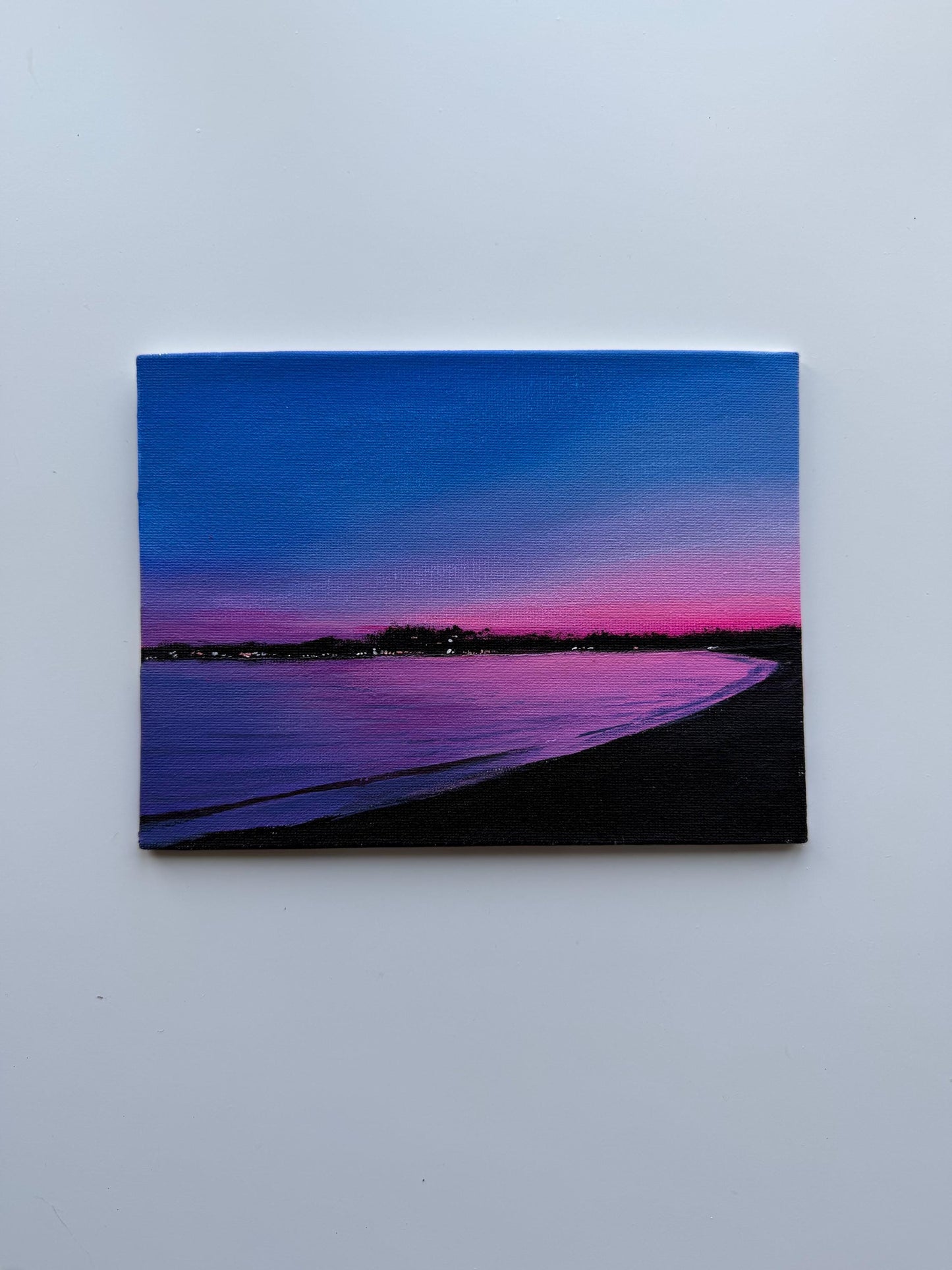 Original Beach Sunset Painting 6x8, Pink Purple Ocean Seascape Canvas Panel Artwork