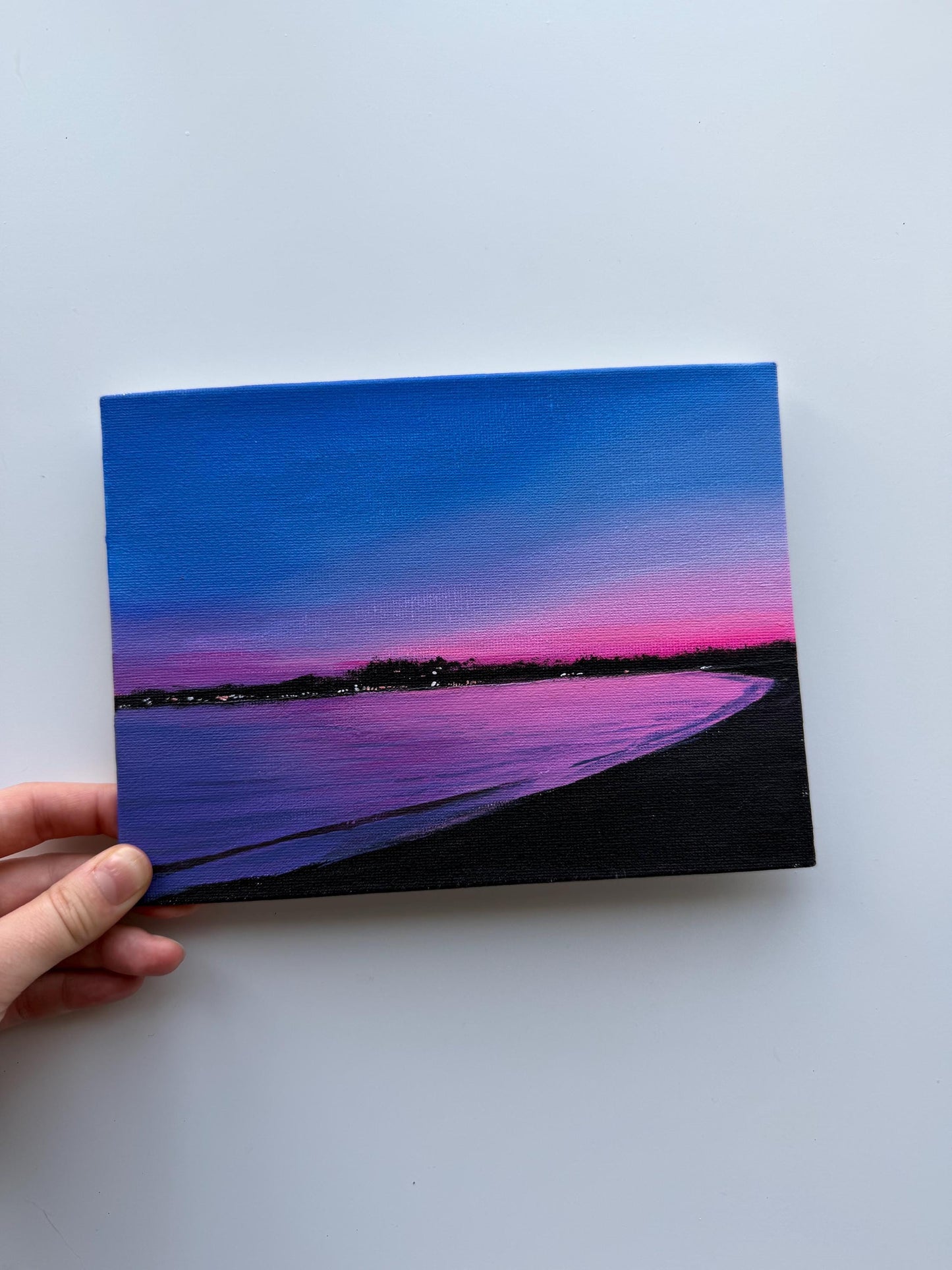 Original Beach Sunset Painting 6x8, Pink Purple Ocean Seascape Canvas Panel Artwork