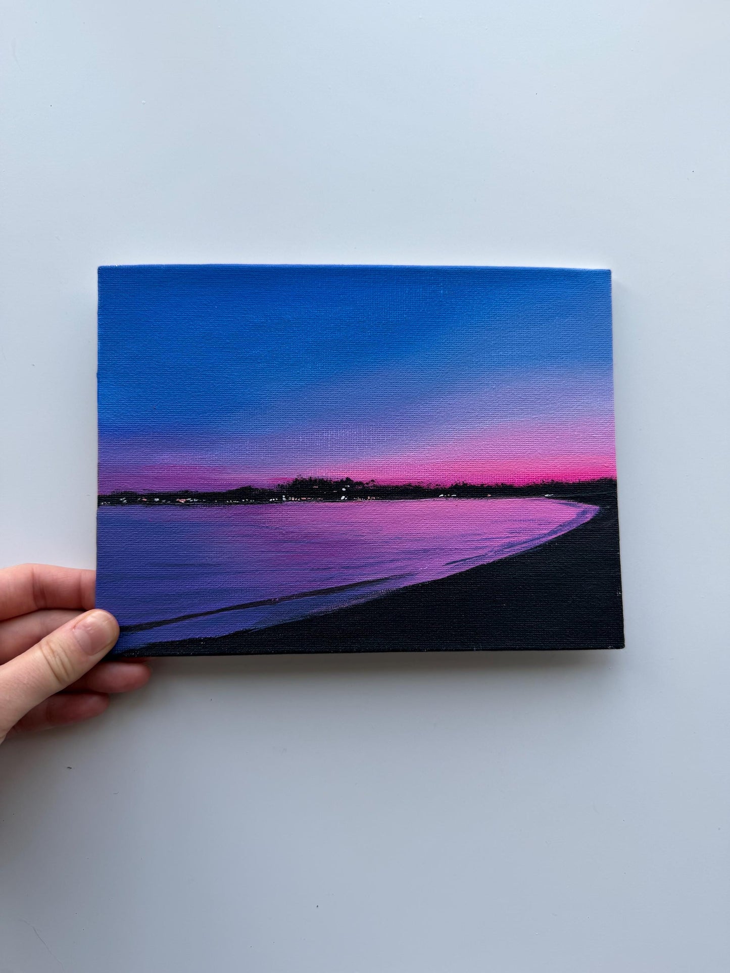 Original Beach Sunset Painting 6x8, Pink Purple Ocean Seascape Canvas Panel Artwork