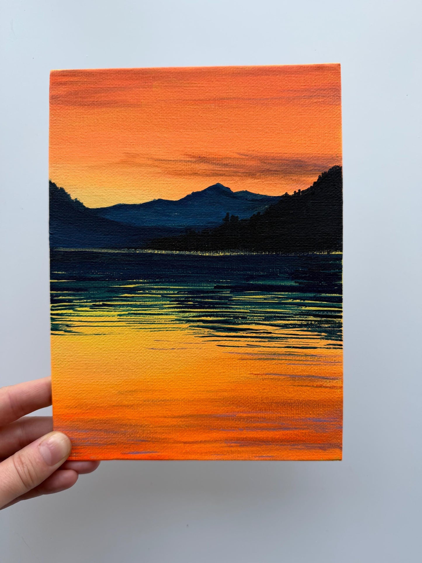 Original Acrylic Lake Sunset Painting 6x8, Mountain Reflection Landscape Art (Canvas Panel)
