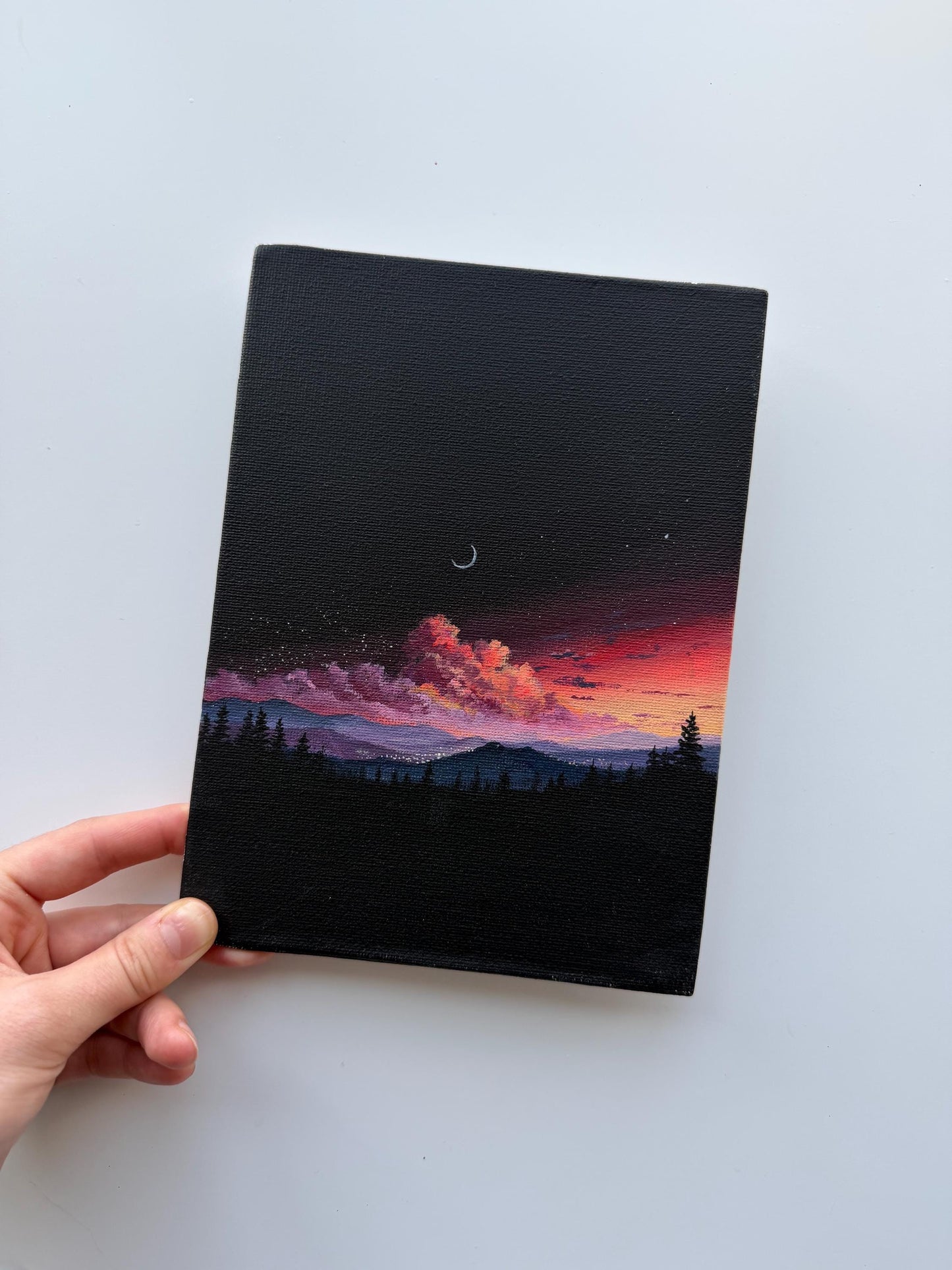 Original Acrylic Painting 6x8, Moody Crescent Moon Landscape, Dark Forest Sunset Canvas Panel Art