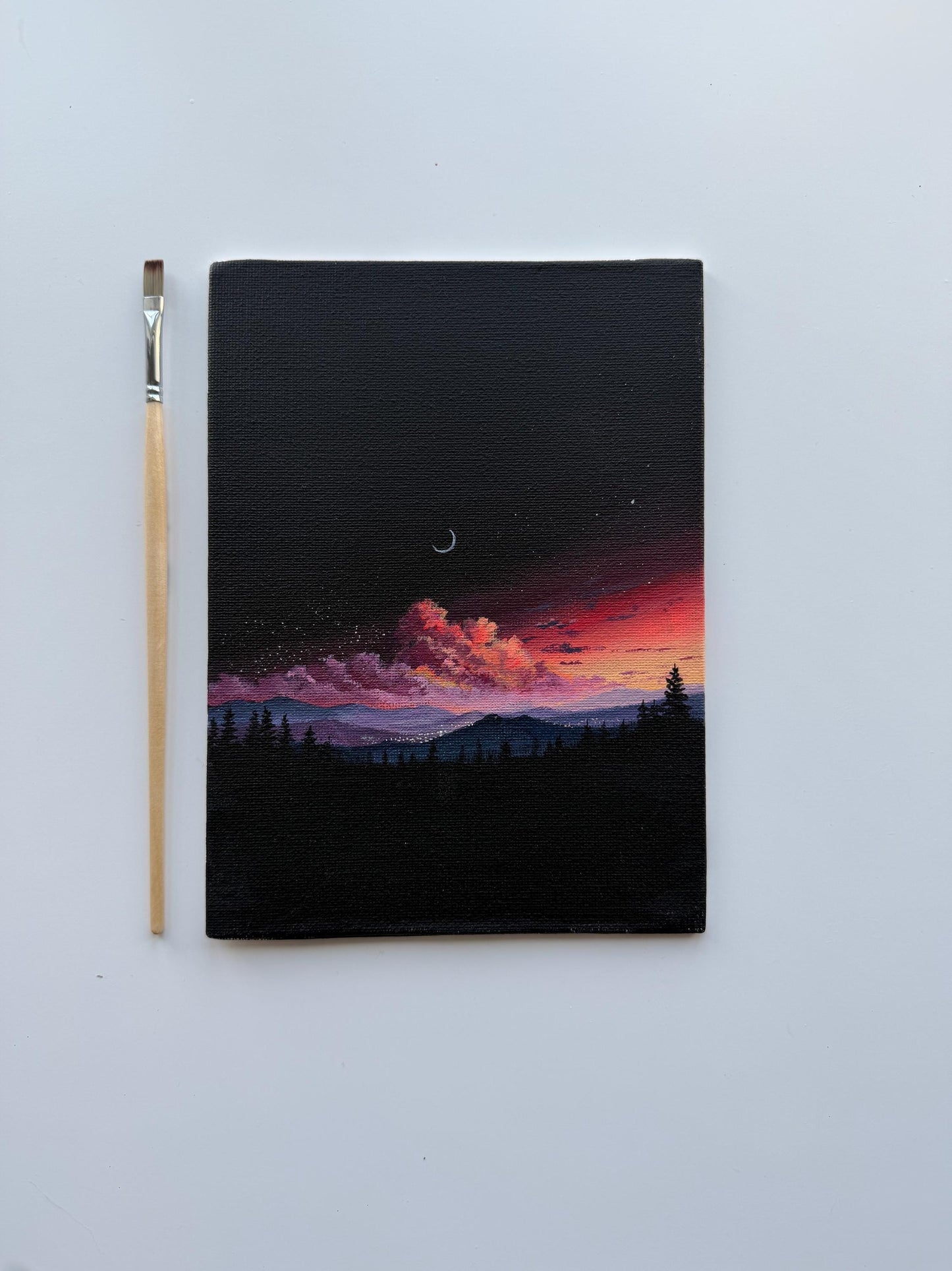 Original Acrylic Painting 6x8, Moody Crescent Moon Landscape, Dark Forest Sunset Canvas Panel Art