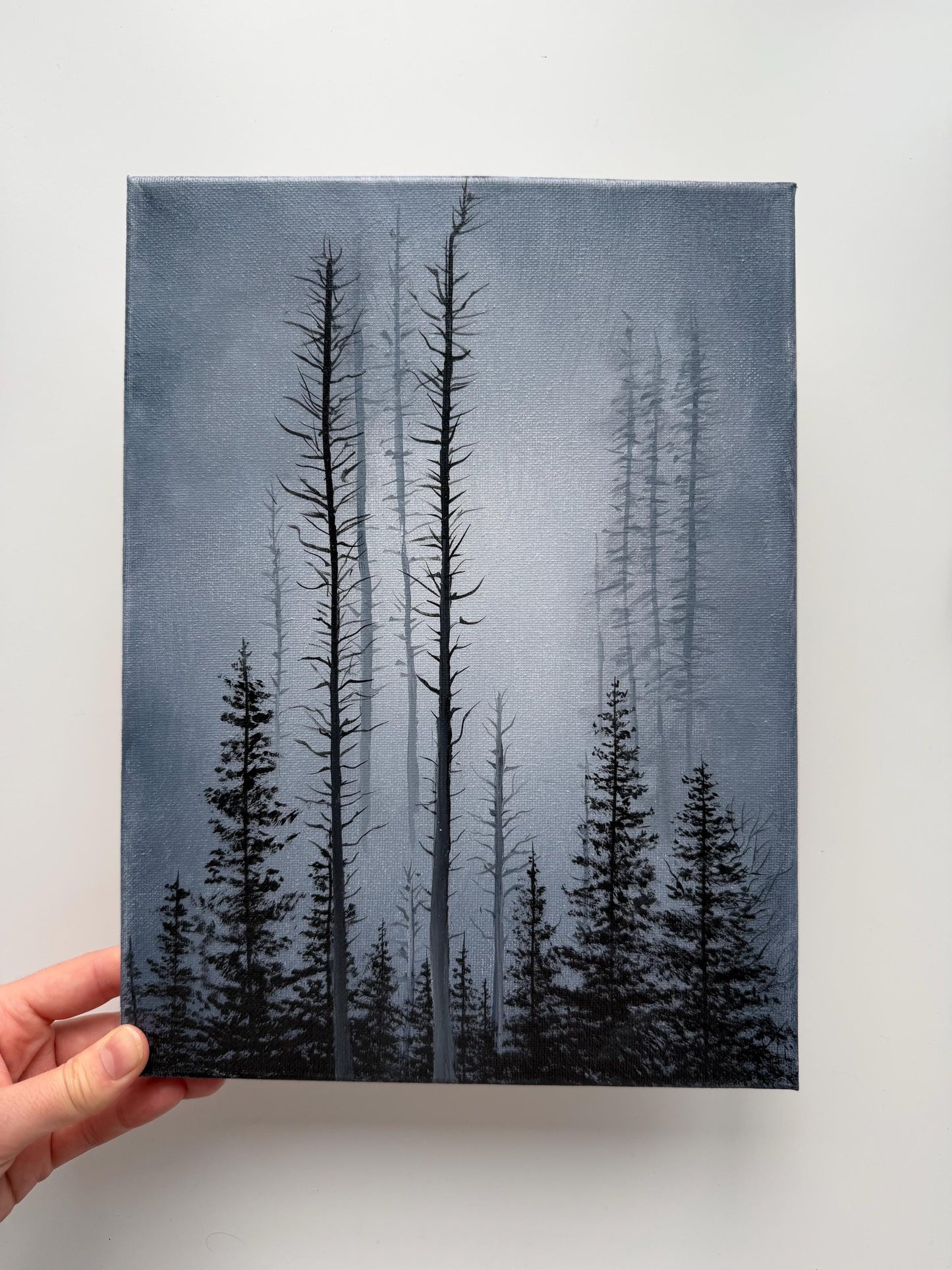 Original Misty Forest Painting, Moody Woodland Wall Art, 9x12 Stretched Canvas