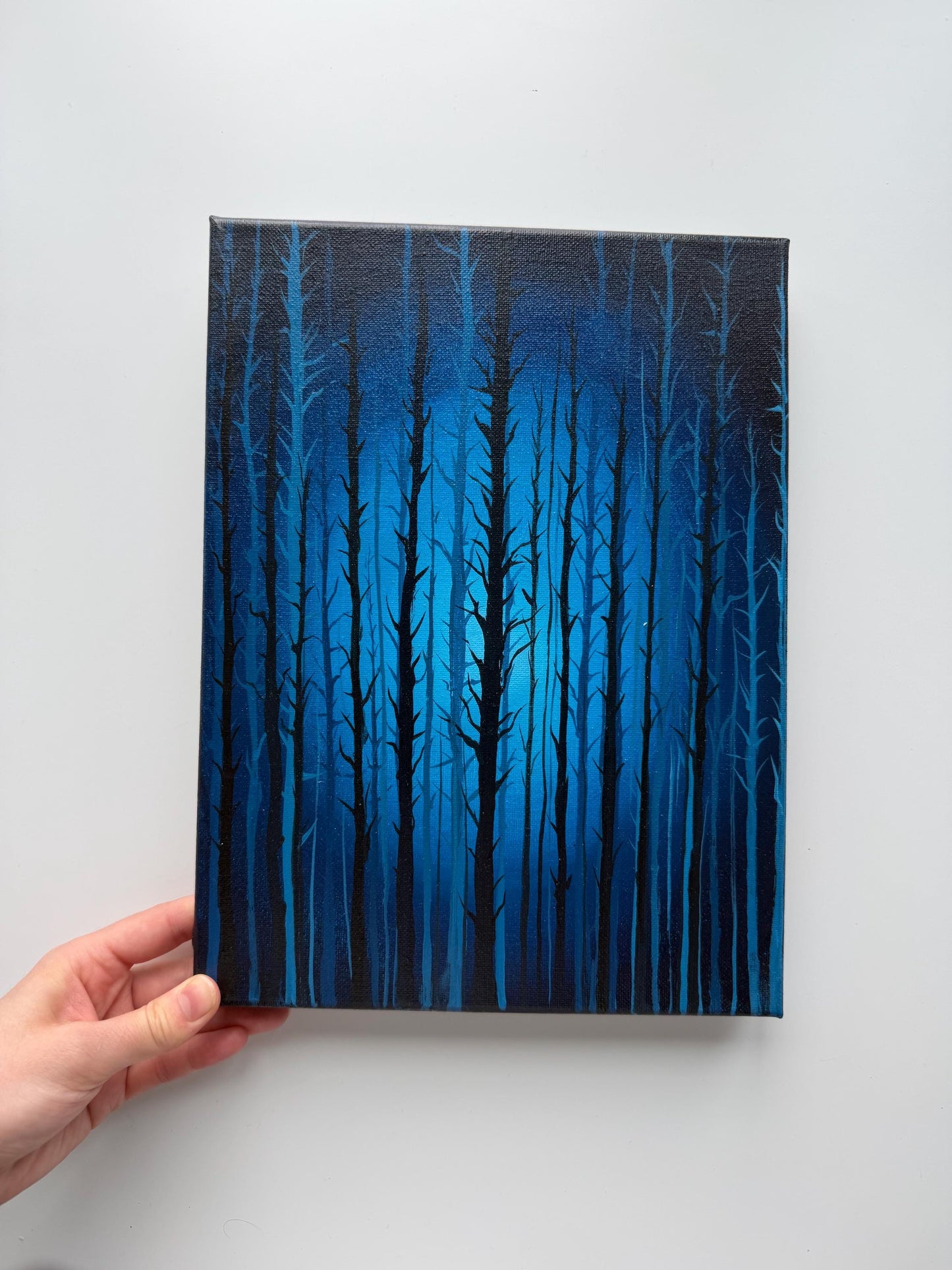 Original Blue Forest Acrylic Painting, Moody Tree Wall Art, 9x12 Stretched Canvas