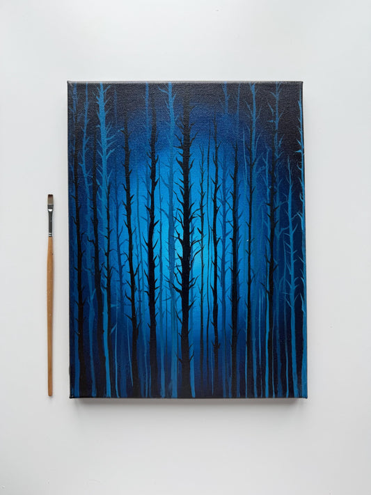 Original Blue Forest Acrylic Painting, Moody Tree Wall Art, 9x12 Stretched Canvas