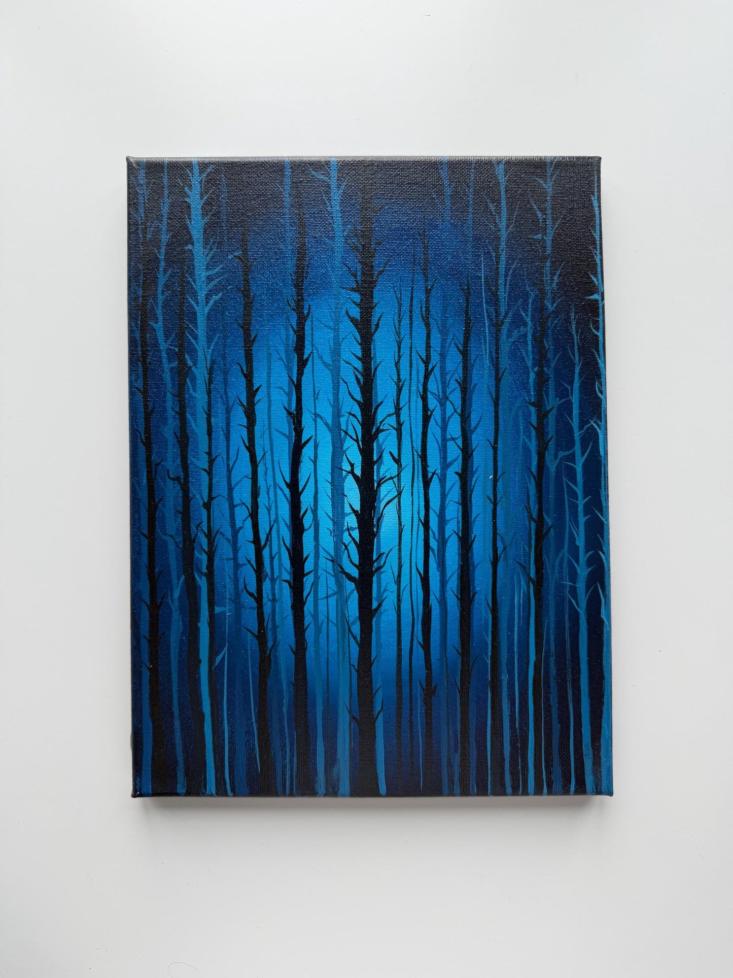 Original Blue Forest Acrylic Painting, Moody Tree Wall Art, 9x12 Stretched Canvas