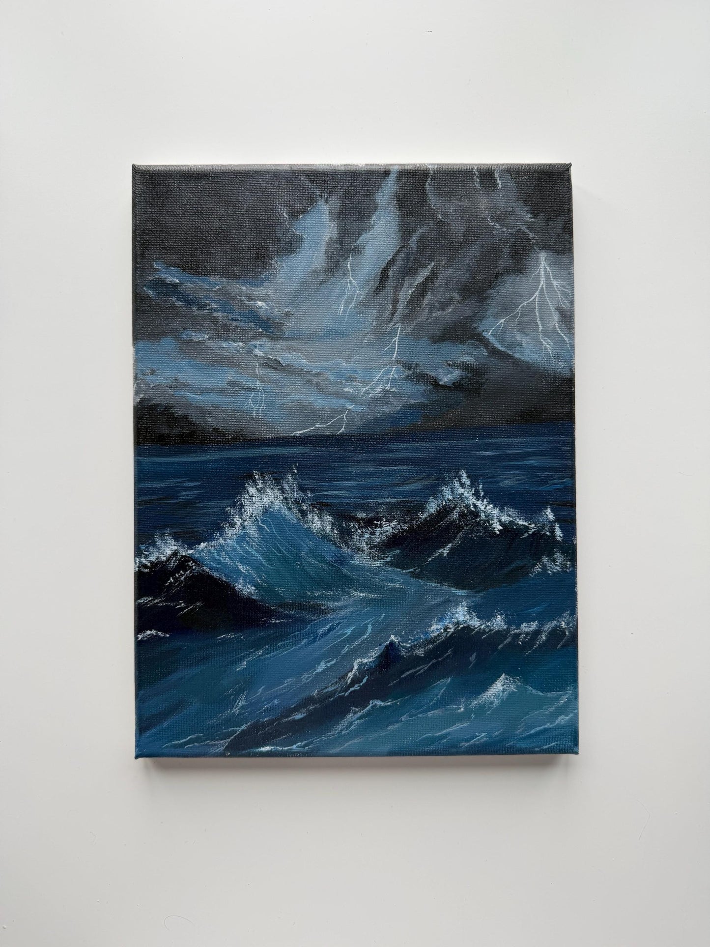 Original Stormy Ocean Painting, Moody Seascape Wall Art, Lightning Wave Acrylic Canvas
