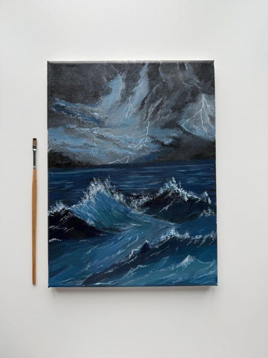 Original Stormy Ocean Painting, Moody Seascape Wall Art, Lightning Wave Acrylic Canvas