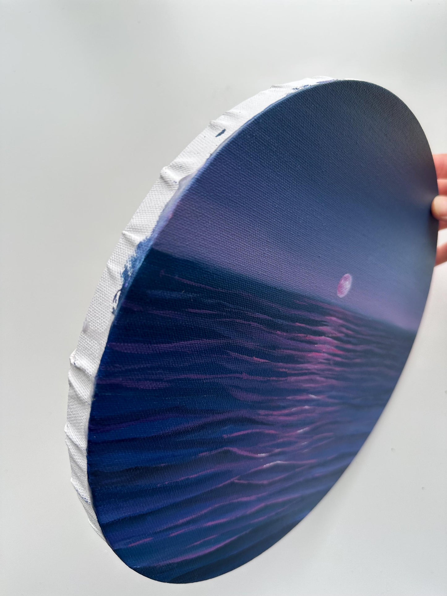 Original Moon Ocean Painting, Purple Blue Seascape Wall Art, 12 Inch Round Canvas