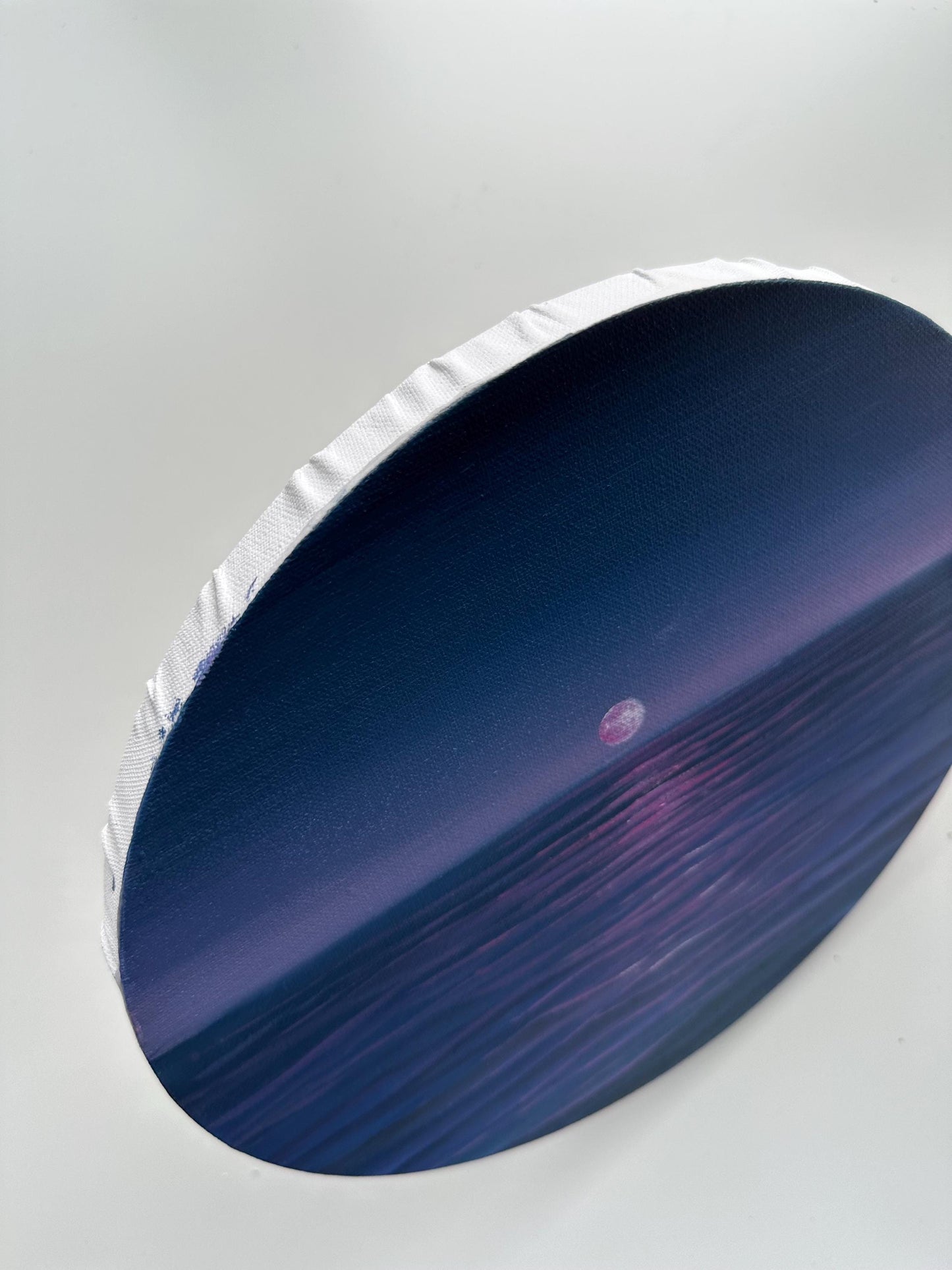 Original Moon Ocean Painting, Purple Blue Seascape Wall Art, 12 Inch Round Canvas