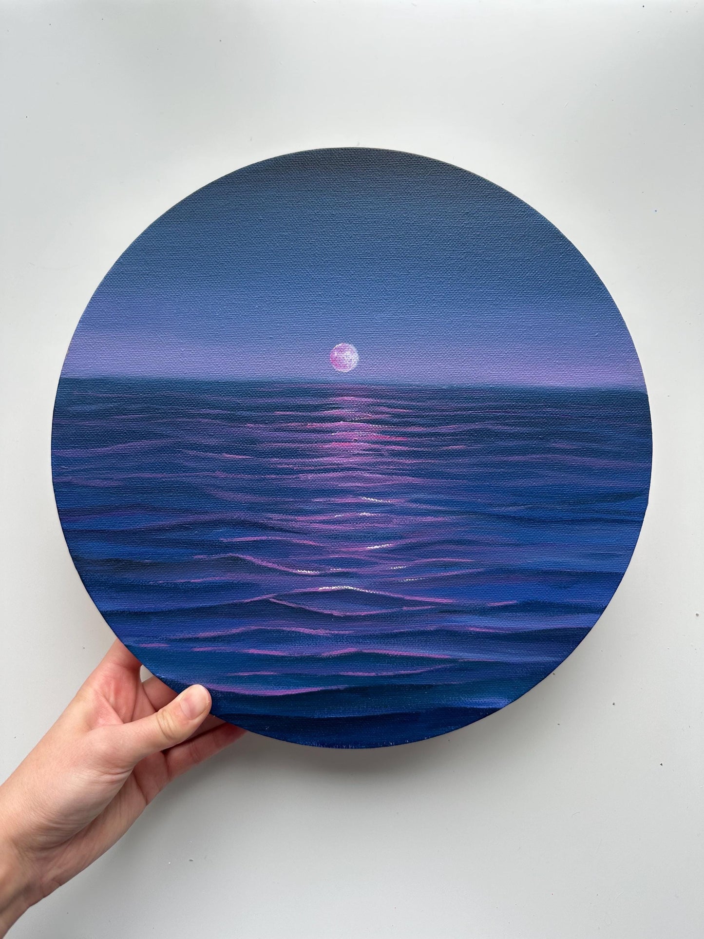Original Moon Ocean Painting, Purple Blue Seascape Wall Art, 12 Inch Round Canvas