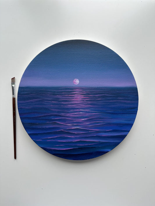 Original Moon Ocean Painting, Purple Blue Seascape Wall Art, 12 Inch Round Canvas