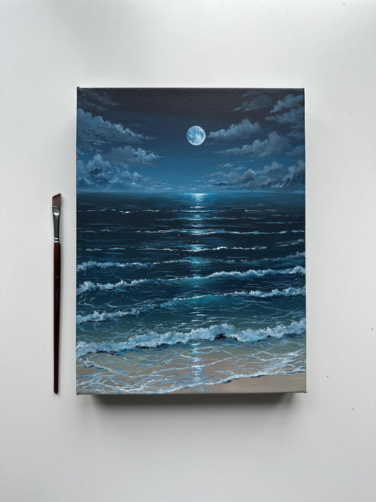 Original Moonlit Beach Painting, 9x12 Gallery Wrapped Canvas, Night Ocean Seascape Art