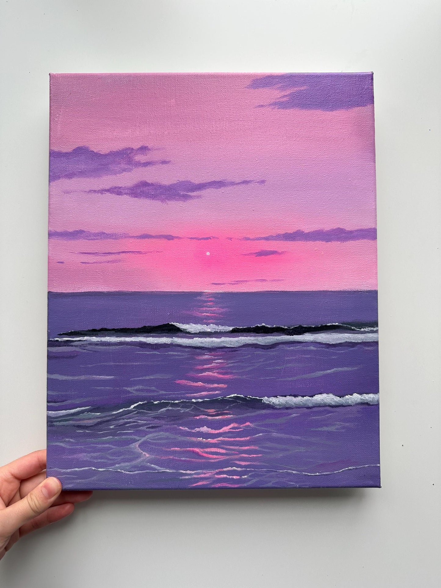 Original Pink Purple Ocean Sunset Painting, 11x14 Stretched Canvas Seascape Wall Art