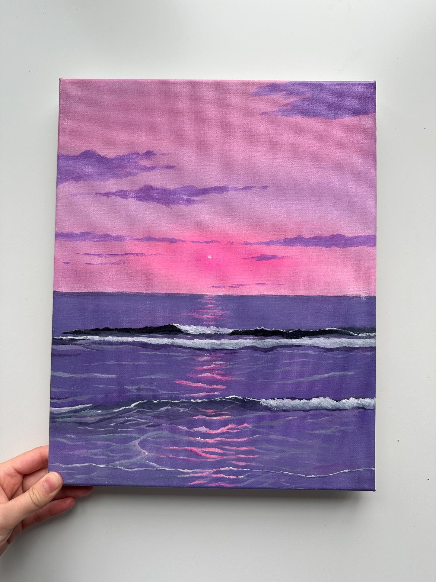 Original Pink Purple Ocean Sunset Painting, 11x14 Stretched Canvas Seascape Wall Art