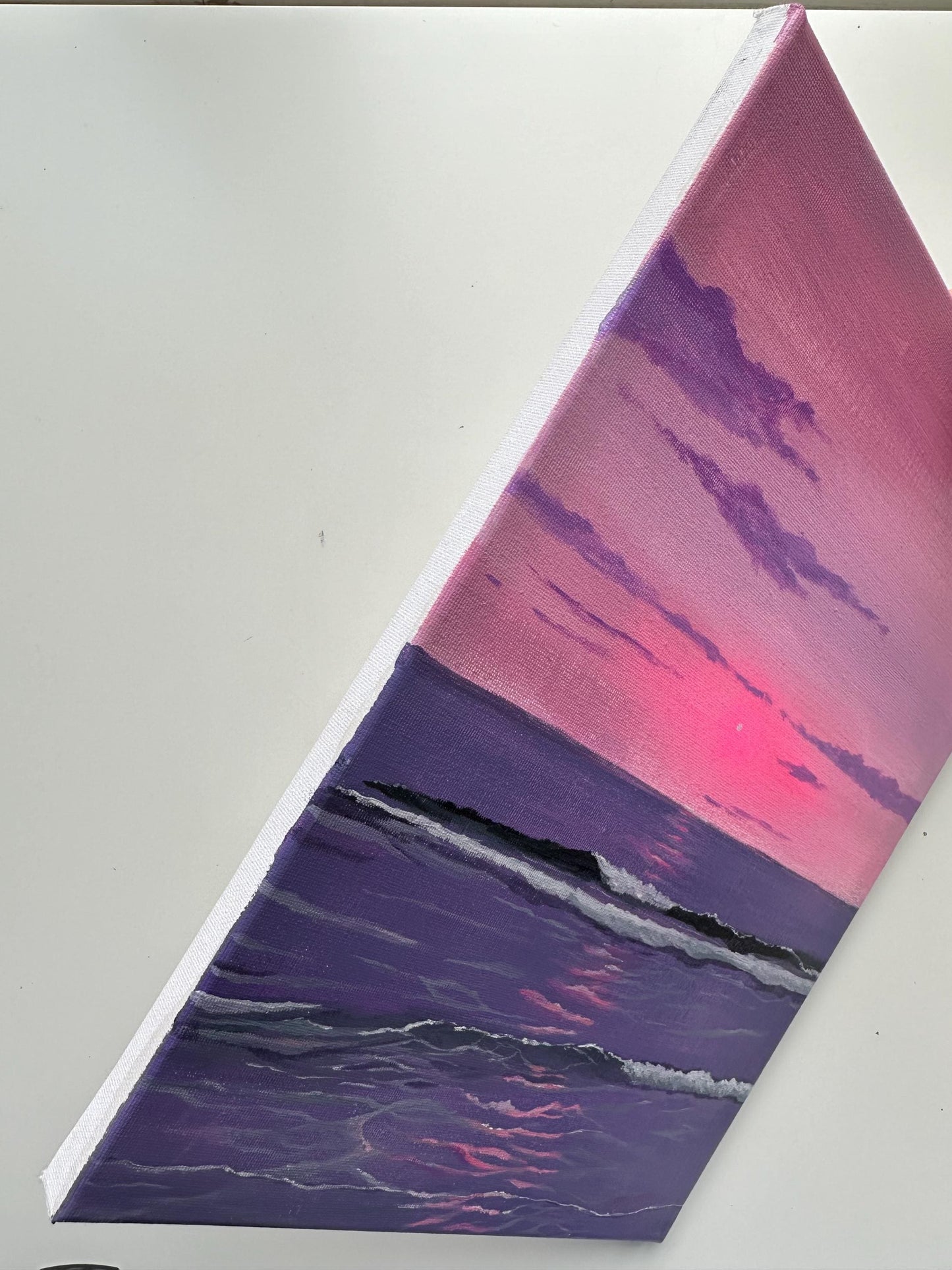 Original Pink Purple Ocean Sunset Painting, 11x14 Stretched Canvas Seascape Wall Art