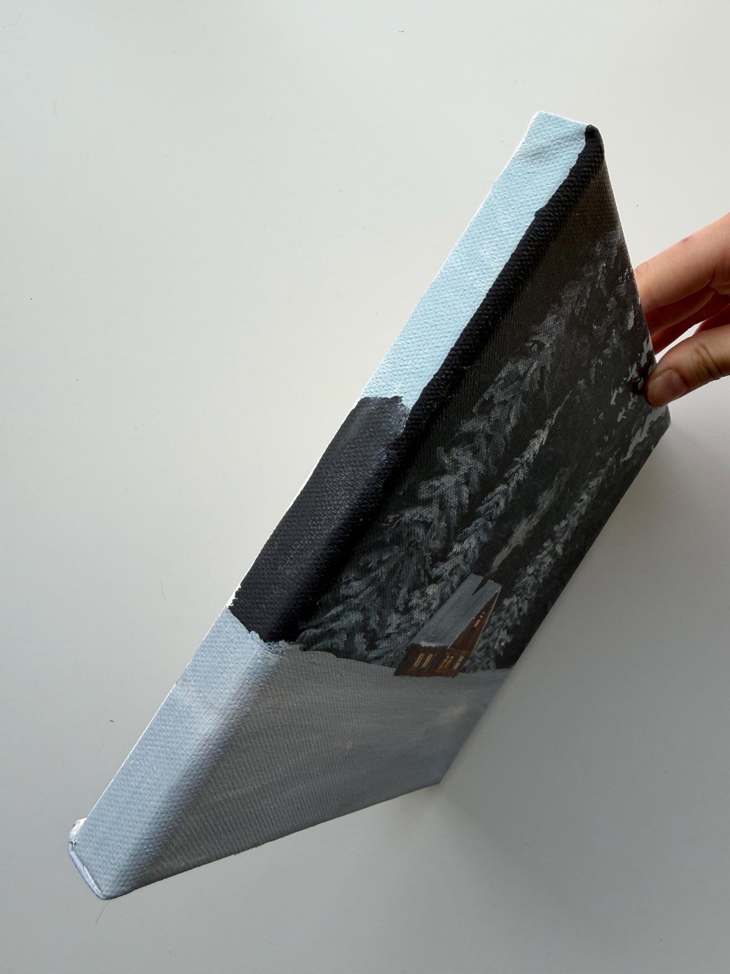 Original Acrylic Winter Cabin Painting 8x8, Snowy Forest Woodland Art, Cozy Wall Decor