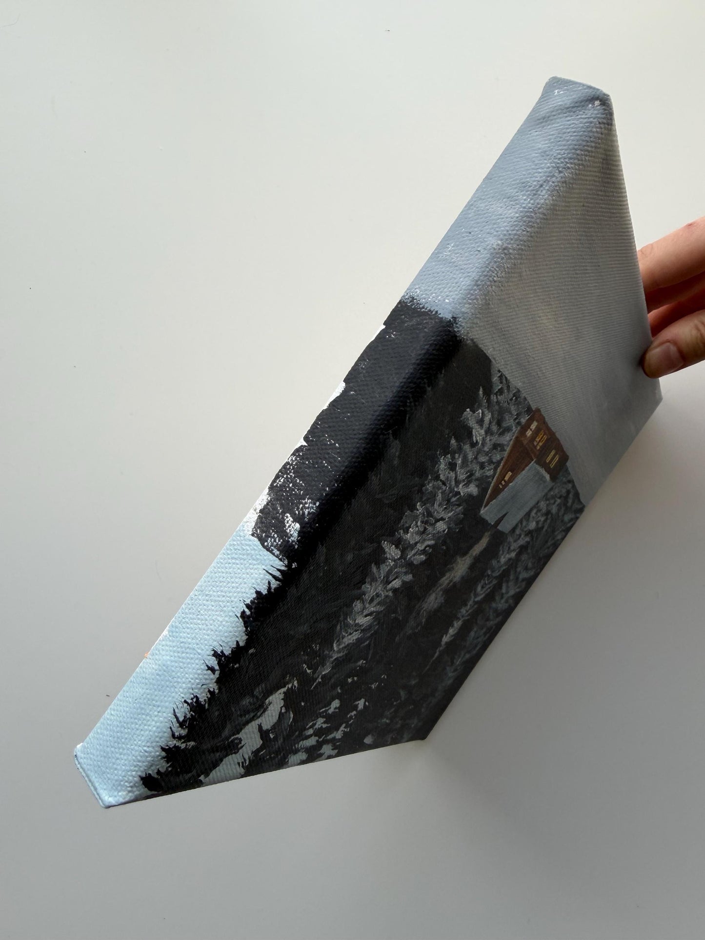 Original Acrylic Winter Cabin Painting 8x8, Snowy Forest Woodland Art, Cozy Wall Decor