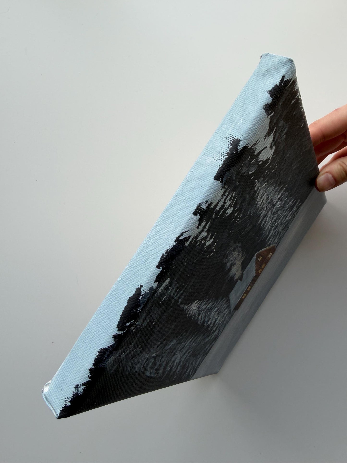 Original Acrylic Winter Cabin Painting 8x8, Snowy Forest Woodland Art, Cozy Wall Decor