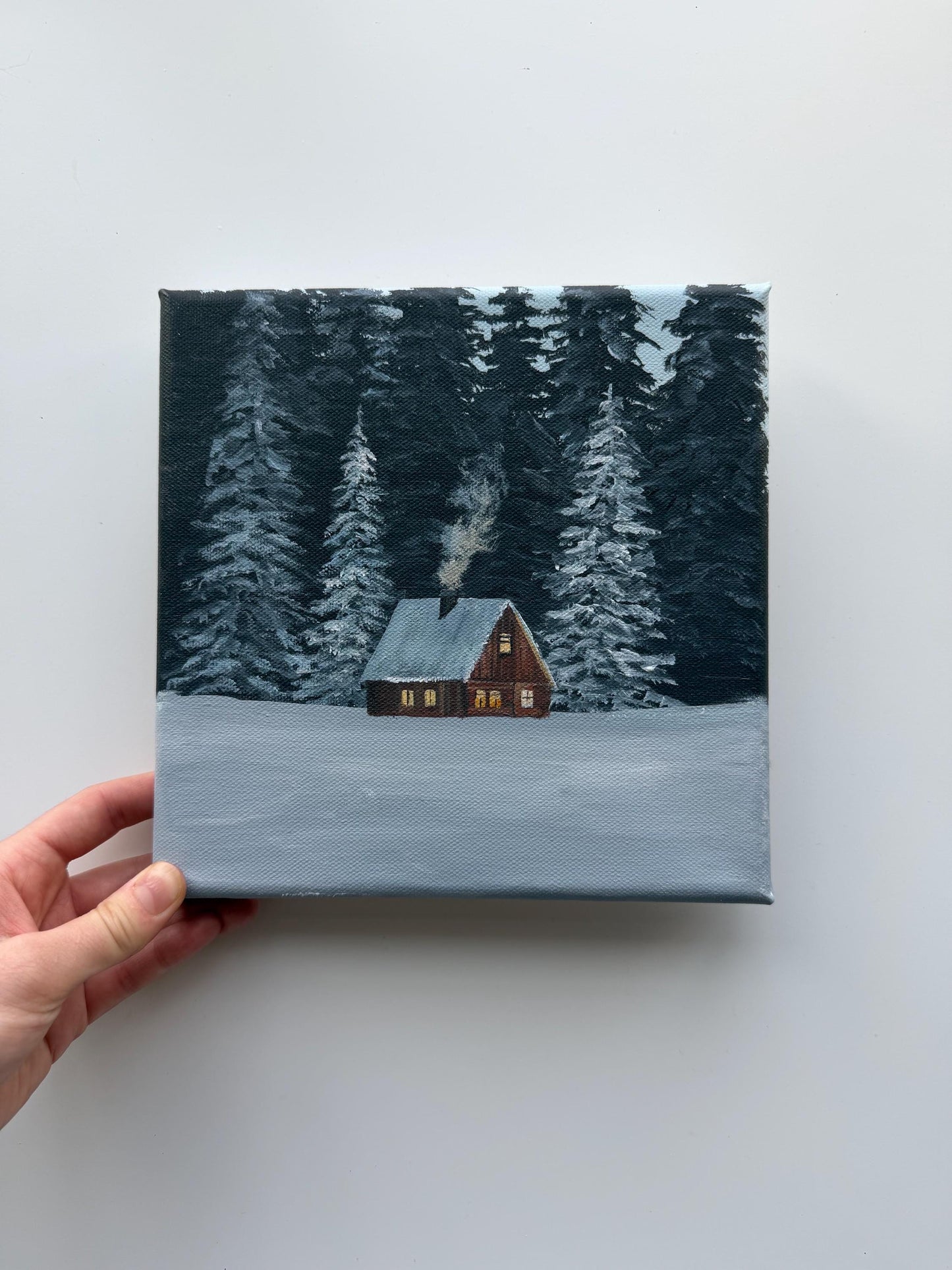 Original Acrylic Winter Cabin Painting 8x8, Snowy Forest Woodland Art, Cozy Wall Decor