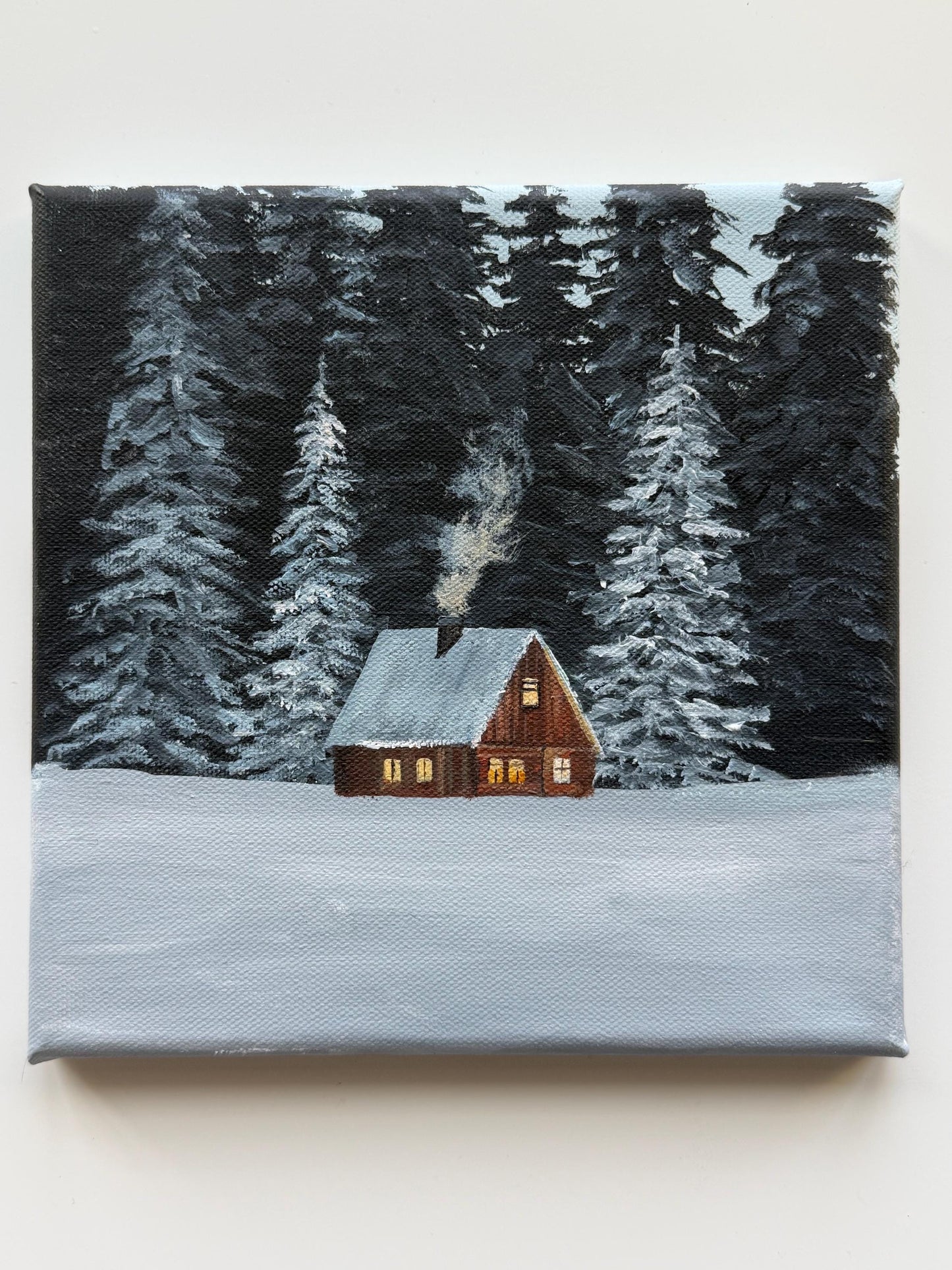 Original Acrylic Winter Cabin Painting 8x8, Snowy Forest Woodland Art, Cozy Wall Decor