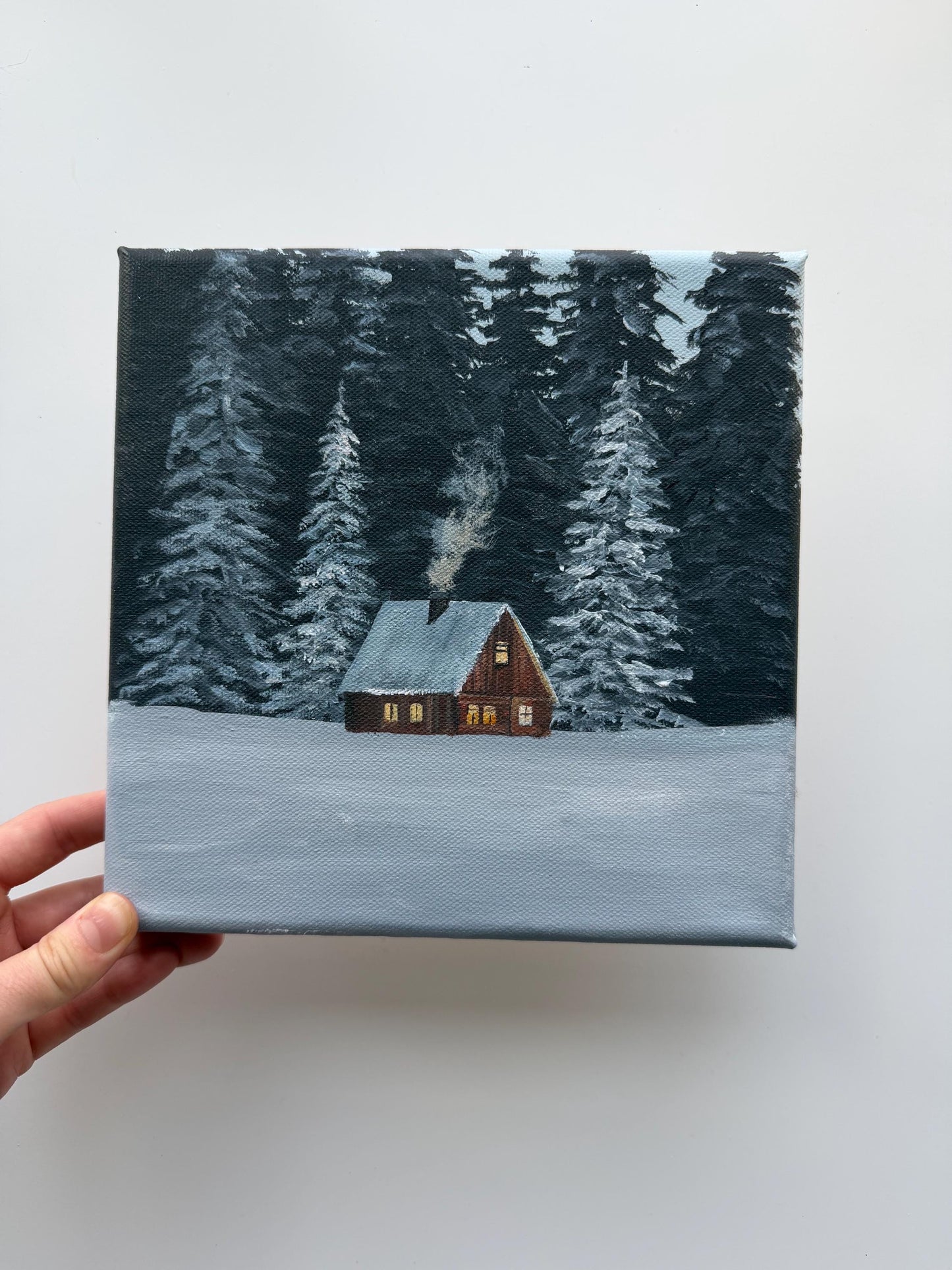 Original Acrylic Winter Cabin Painting 8x8, Snowy Forest Woodland Art, Cozy Wall Decor
