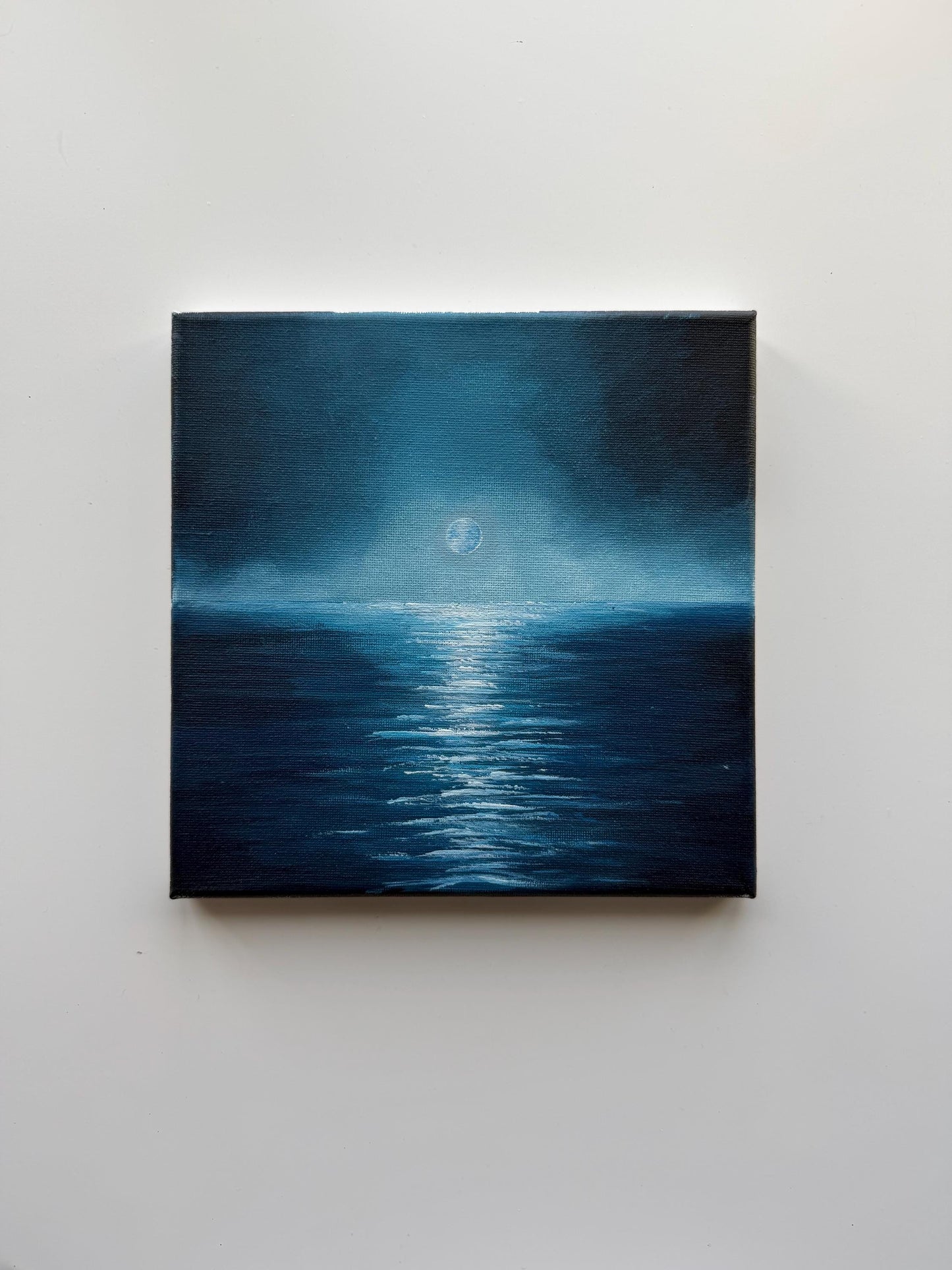 Original Moonlit Ocean Painting 8x8, Night Seascape Wall Art, Blue Moon Reflection Acrylic Painting