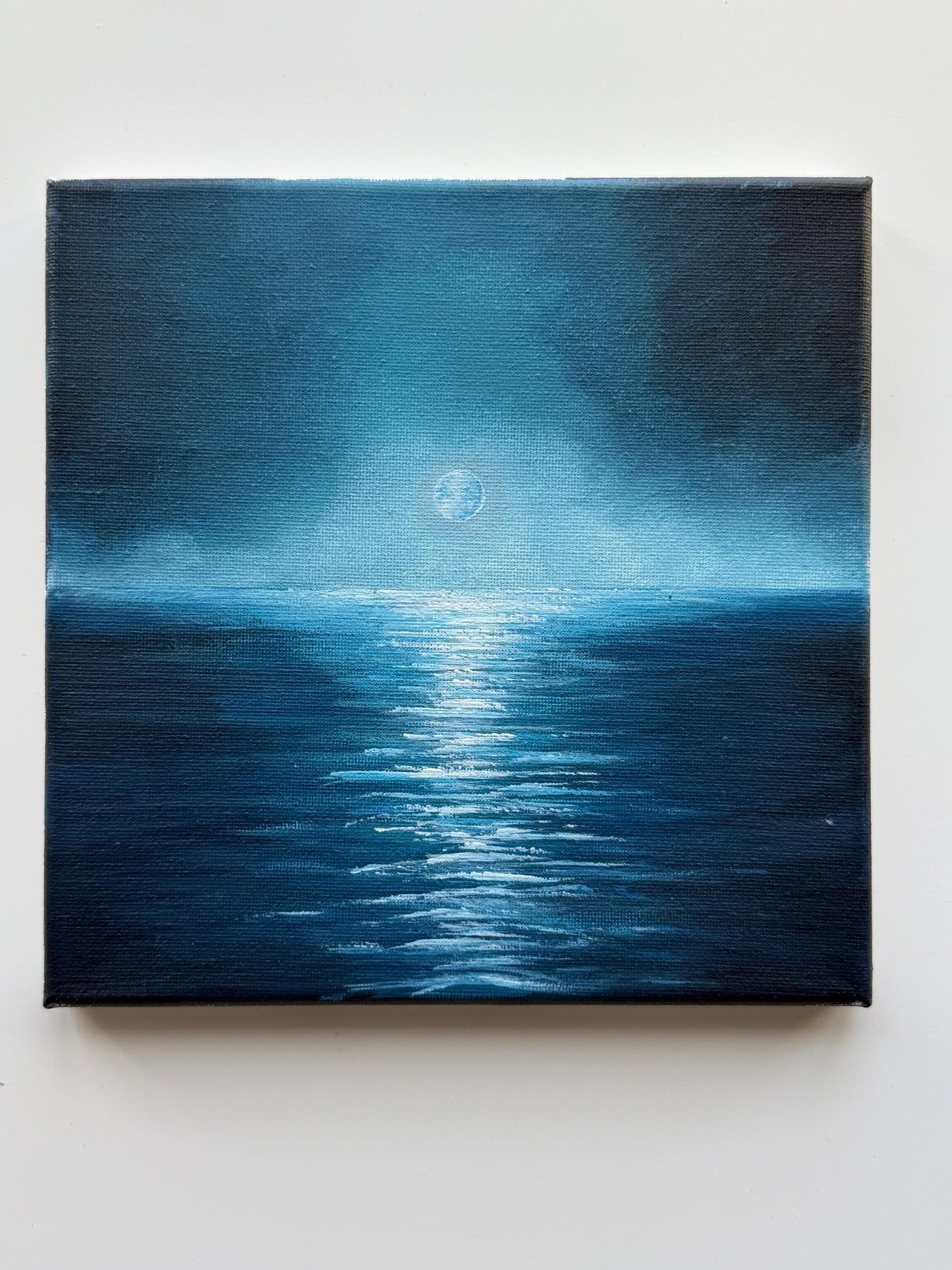 Original Moonlit Ocean Painting 8x8, Night Seascape Wall Art, Blue Moon Reflection Acrylic Painting