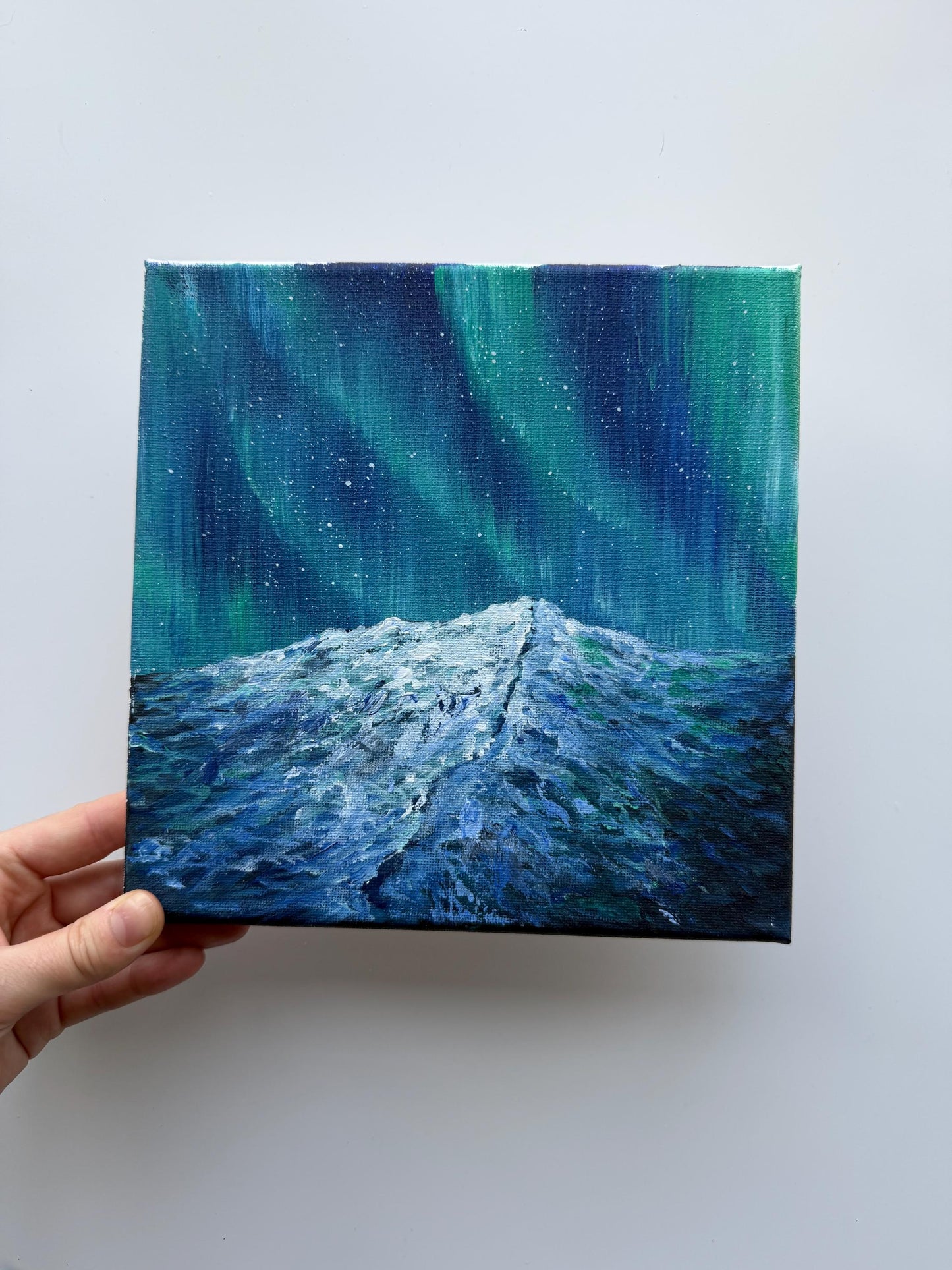 Original Aurora Borealis Painting 8x8, Northern Lights Mountain Art, Small Acrylic Landscape on Canvas
